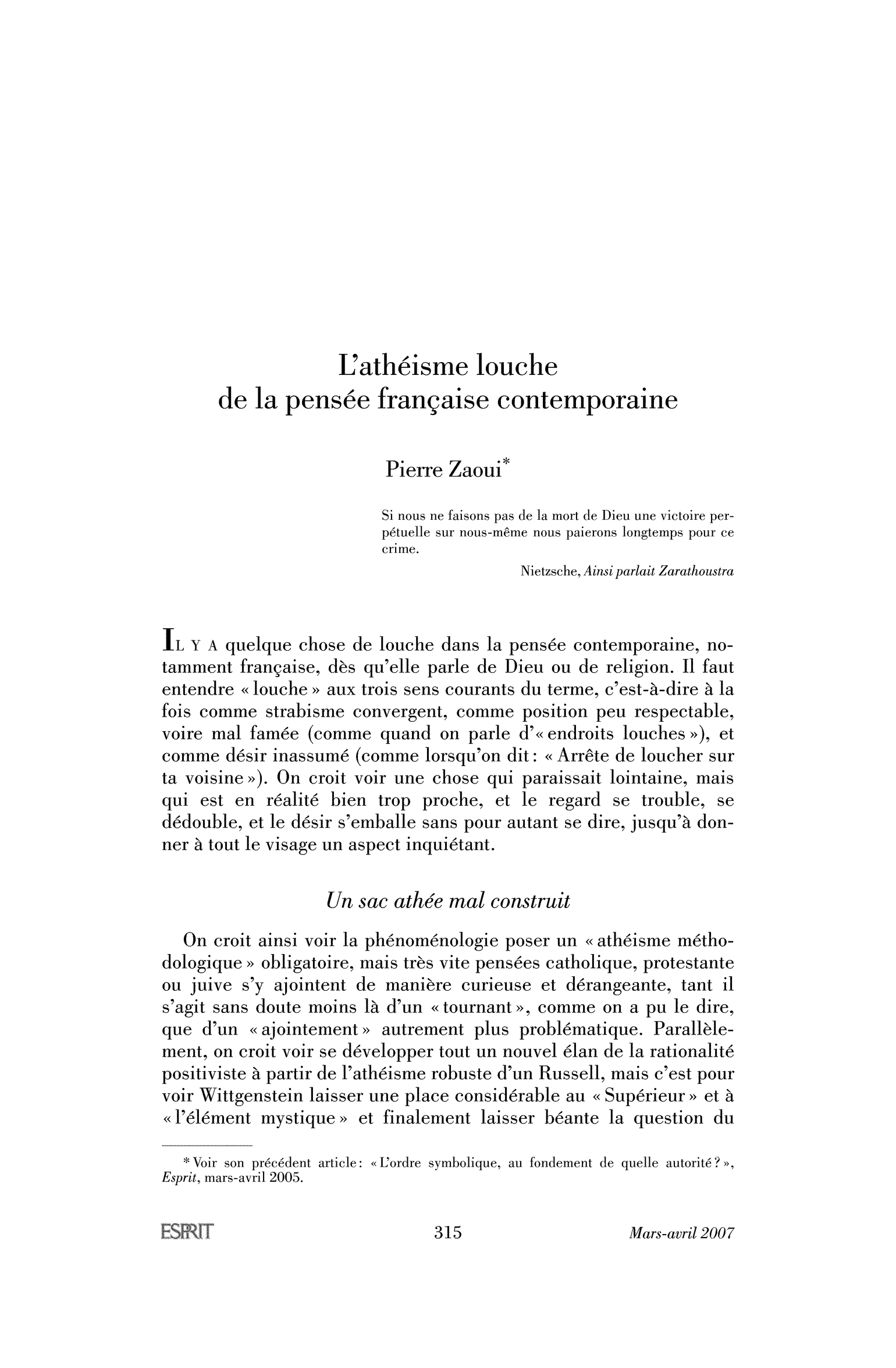 L’athéisme louche de la pensée française contemporaine