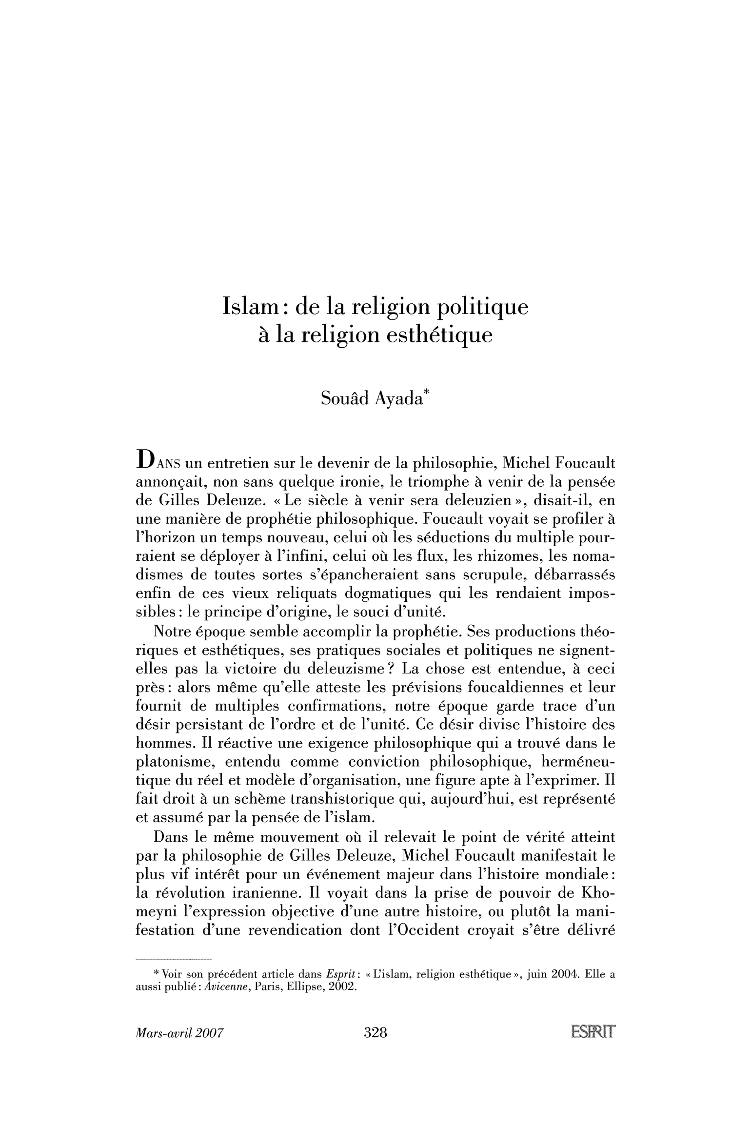 Islam : de la religion politique à la religion esthétique