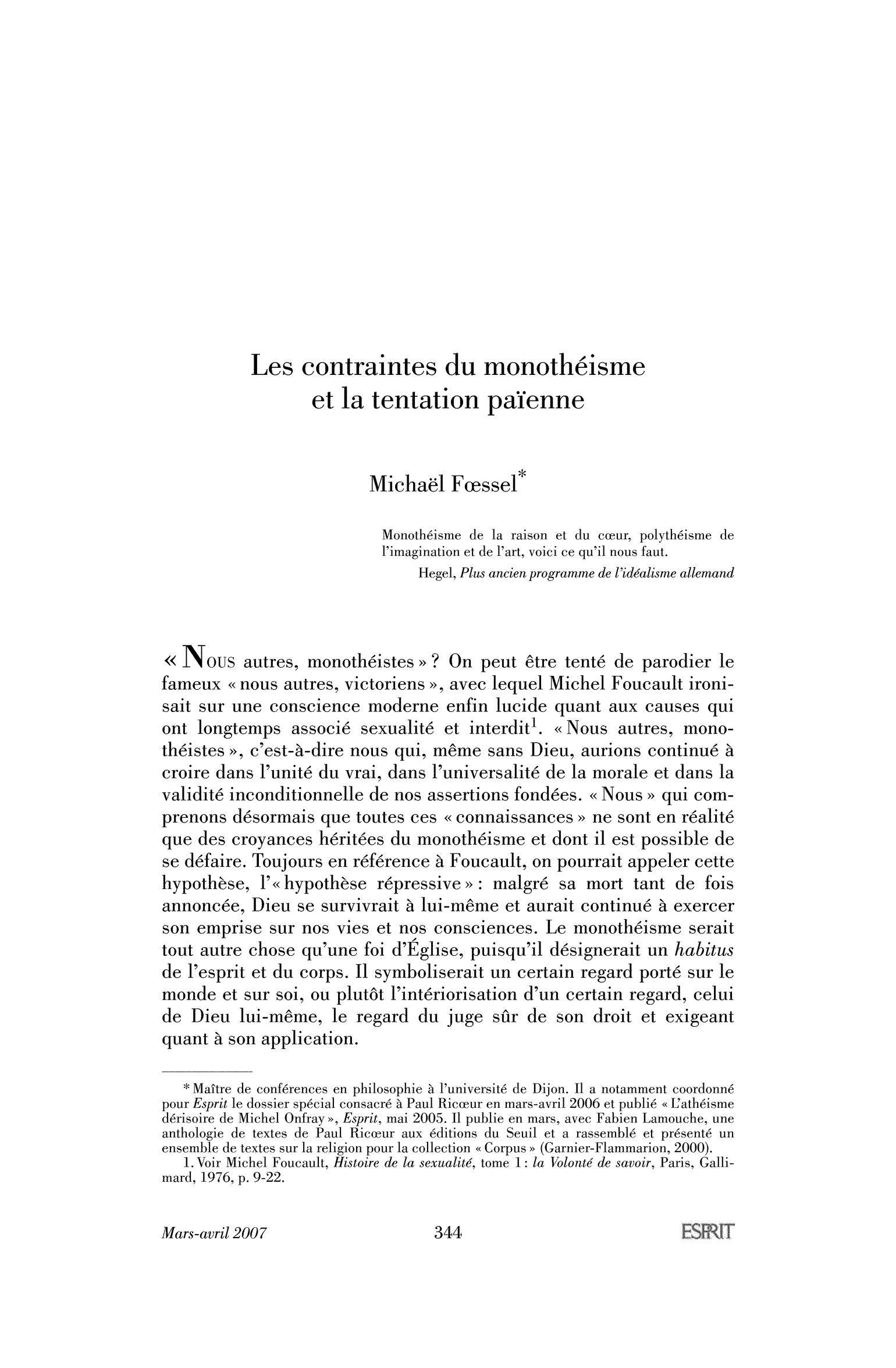 Les contraintes du monothéisme et la tentation païenne