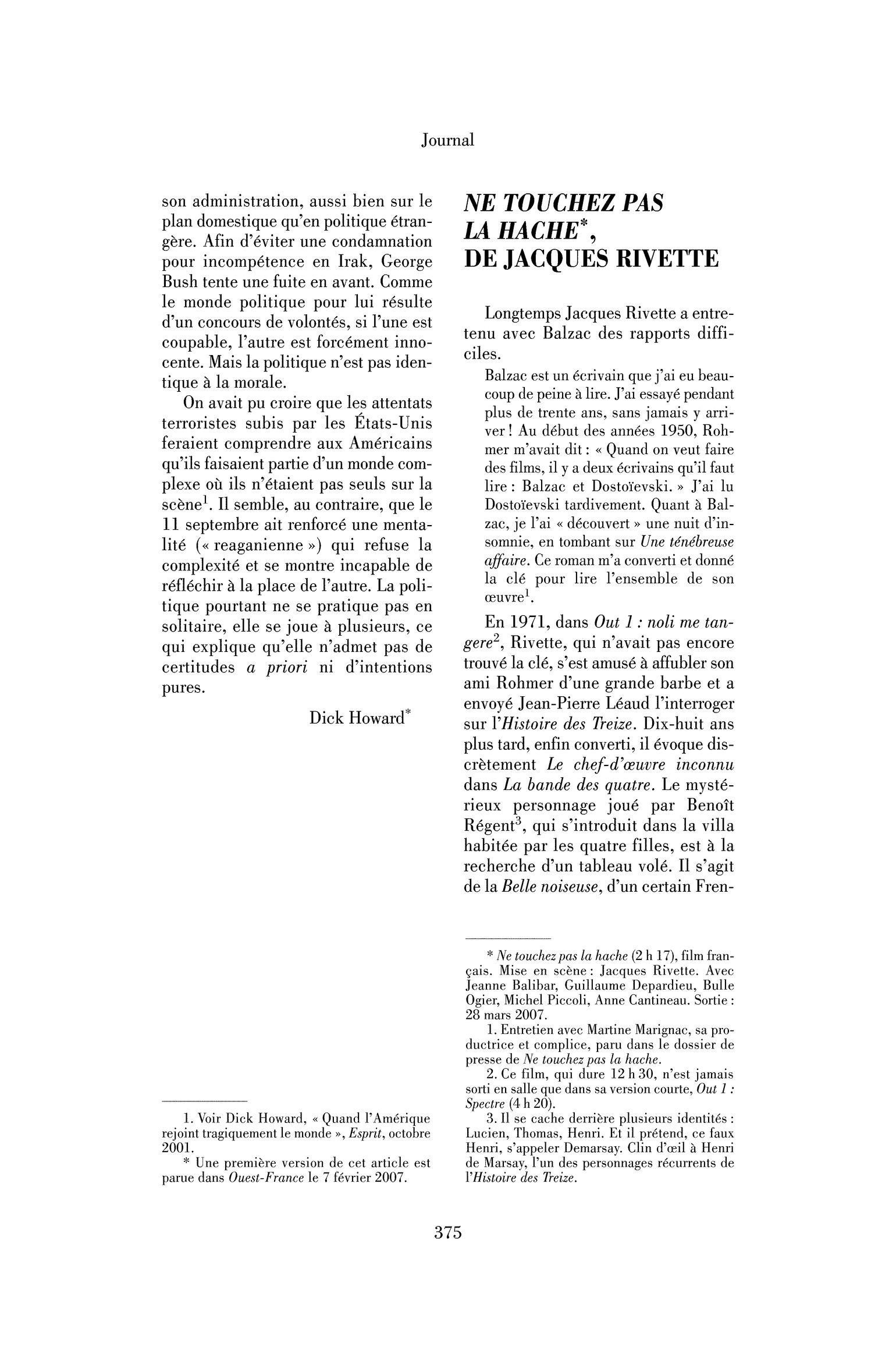 Ne touchez pas la hache, de Jacques Rivette