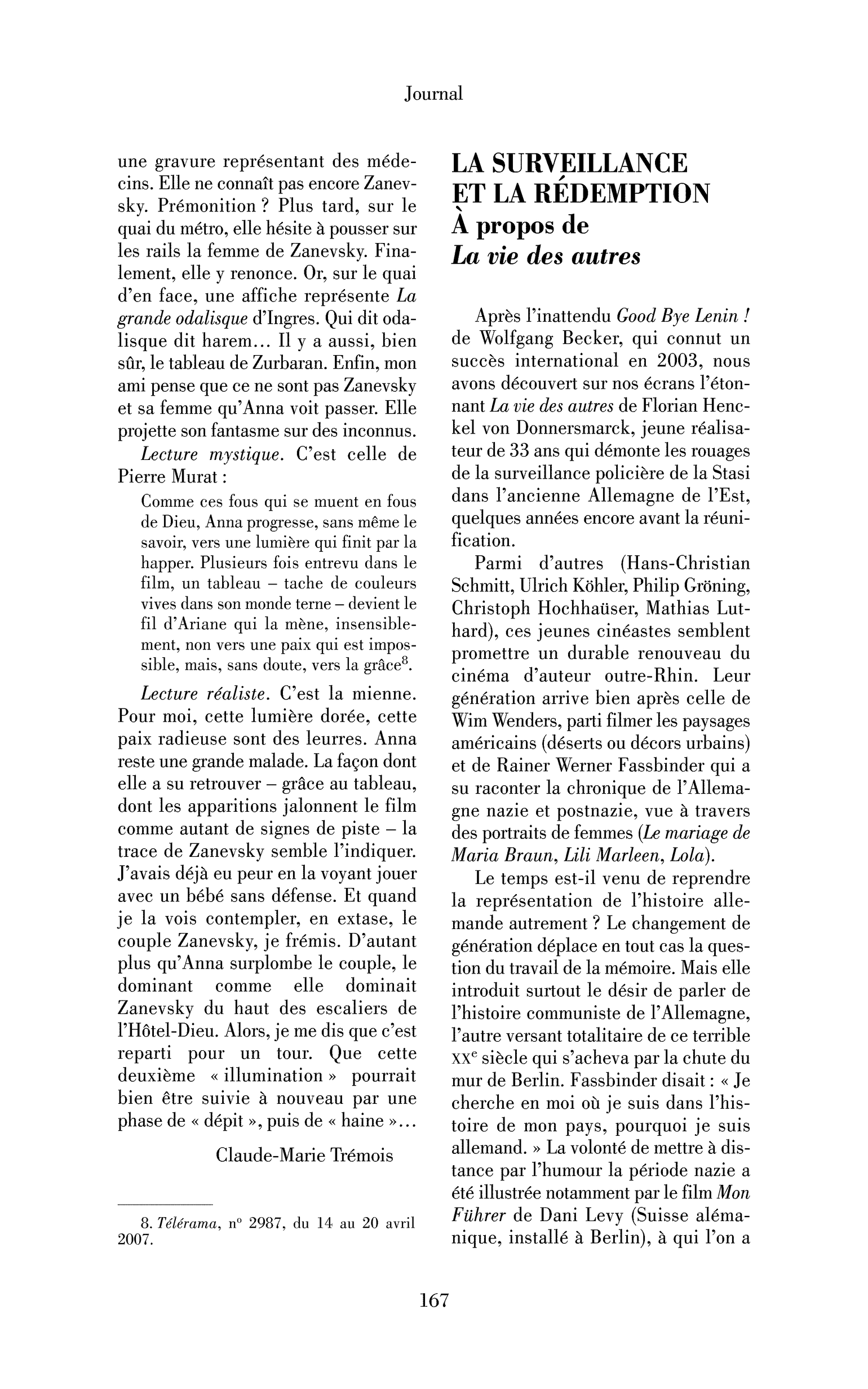La surveillance et la rédemption. À propos de La vie des autres