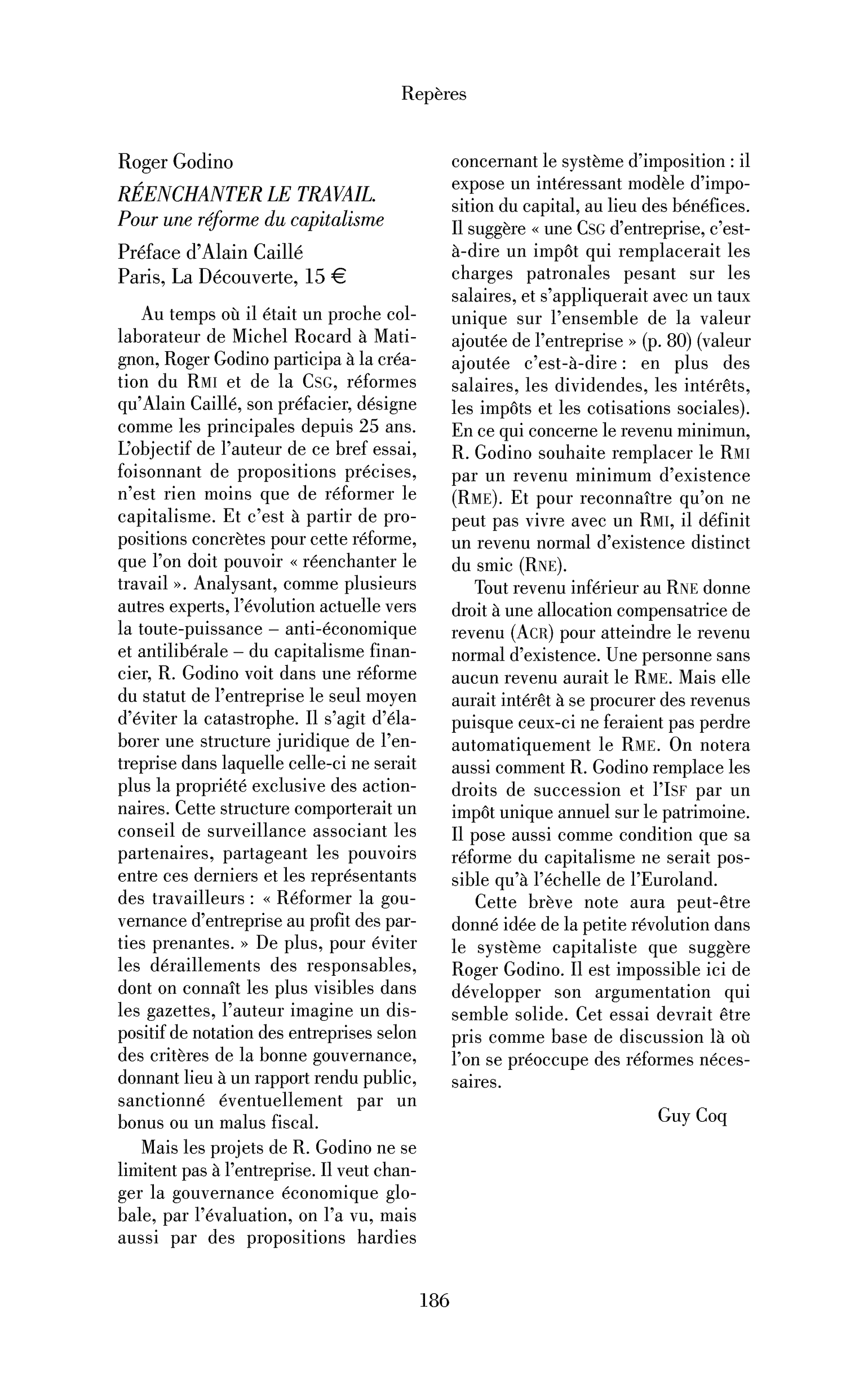 Roger Godino : Réenchanter le travail. Pour une réforme du capitalisme