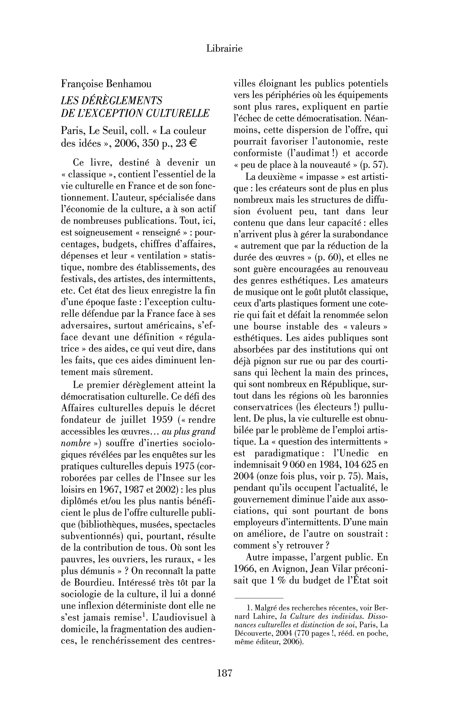 Françoise Benhamou : les Dérèglements de l’exception culturelle