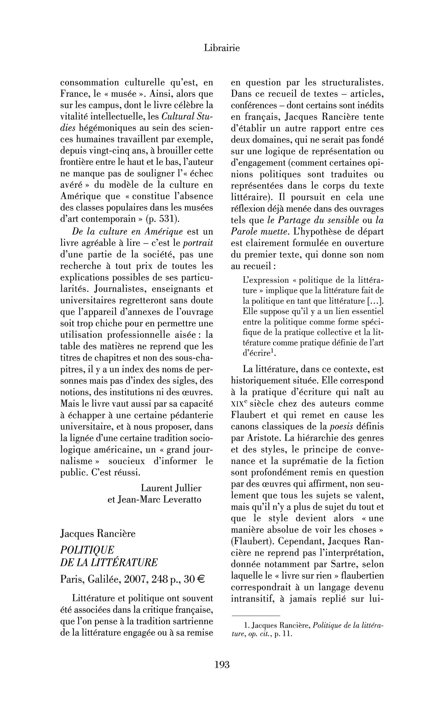 Jacques Rancière : Politique de la littérature