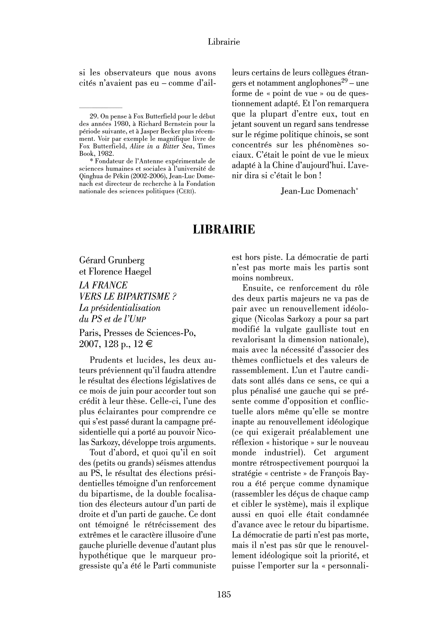 Gérard Grunberg et Florence Haegel : la France vers le bipartisme ? La présidentialisation du PS et de l’UMP
