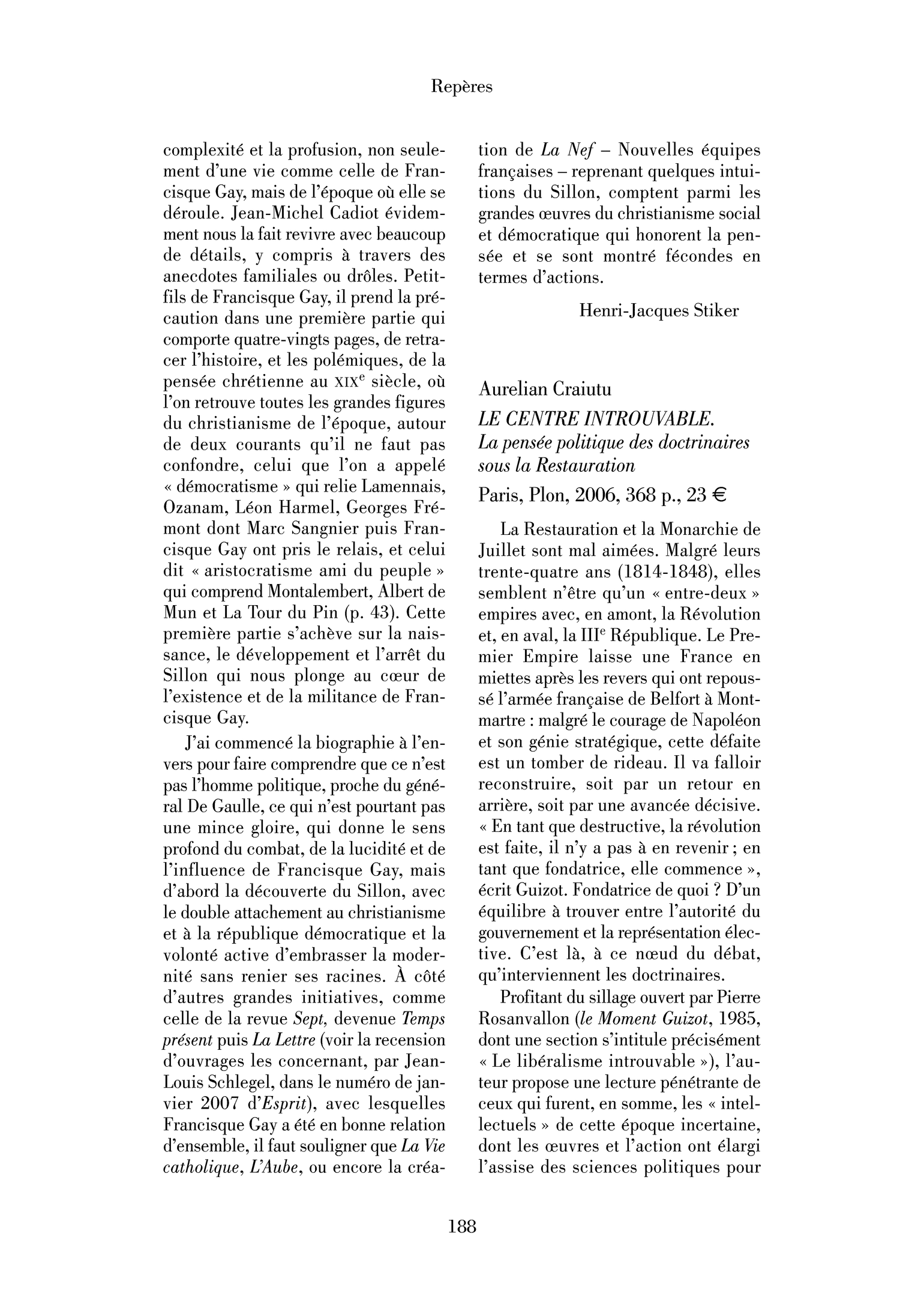 Aurelian Craiutu : le Centre introuvable. La pensée politique des doctrinaires sous la Restauration
