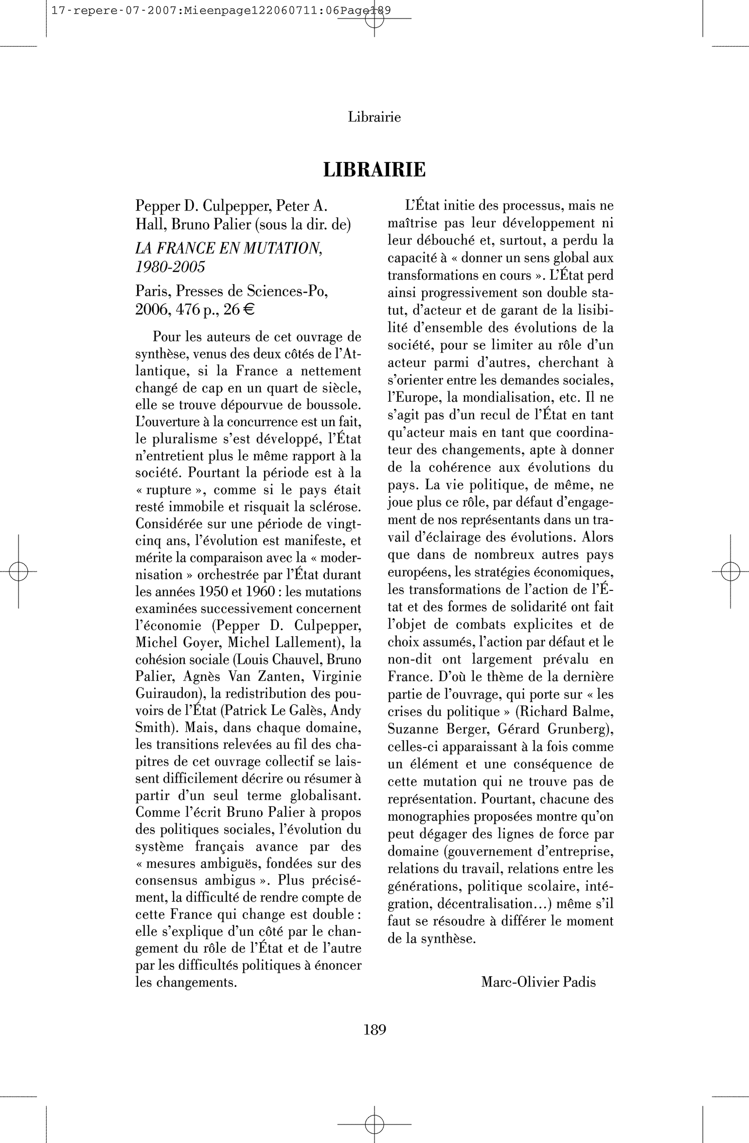 Pepper D. Culpepper, Peter A. Hall, Bruno Palier (sous la dir. de) : la France en mutation, 1980-2005