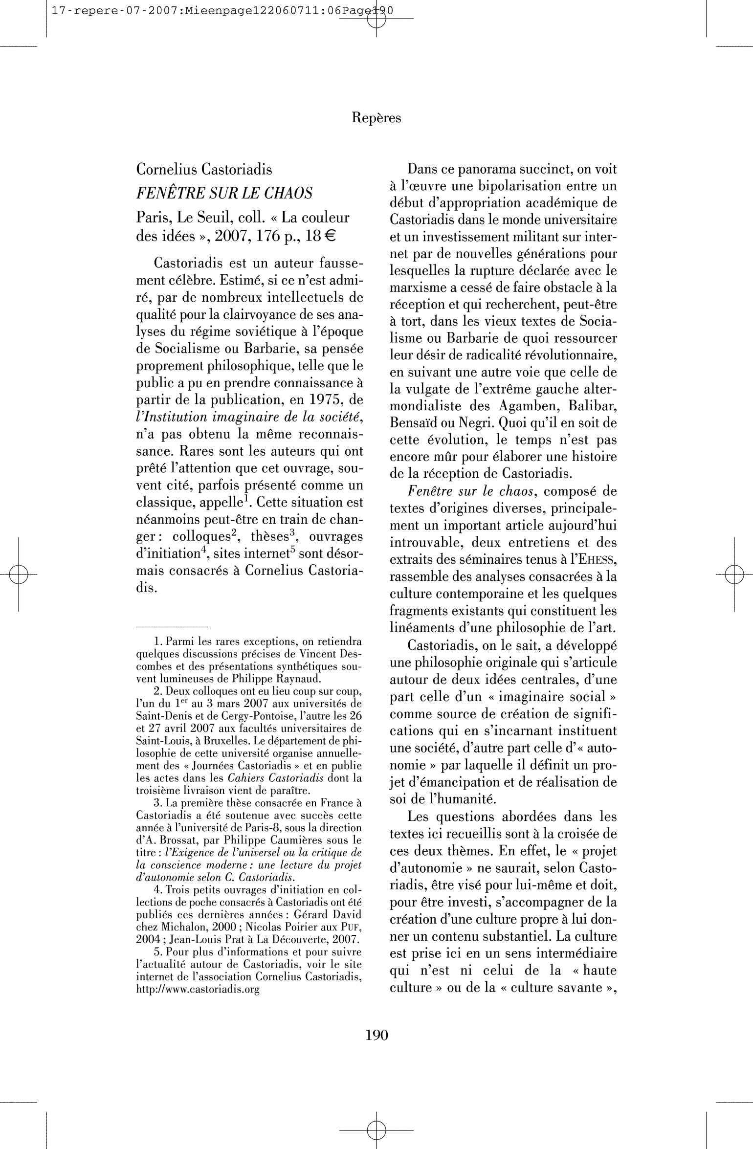 Cornelius Castoriadis : Fenêtre sur le chaos