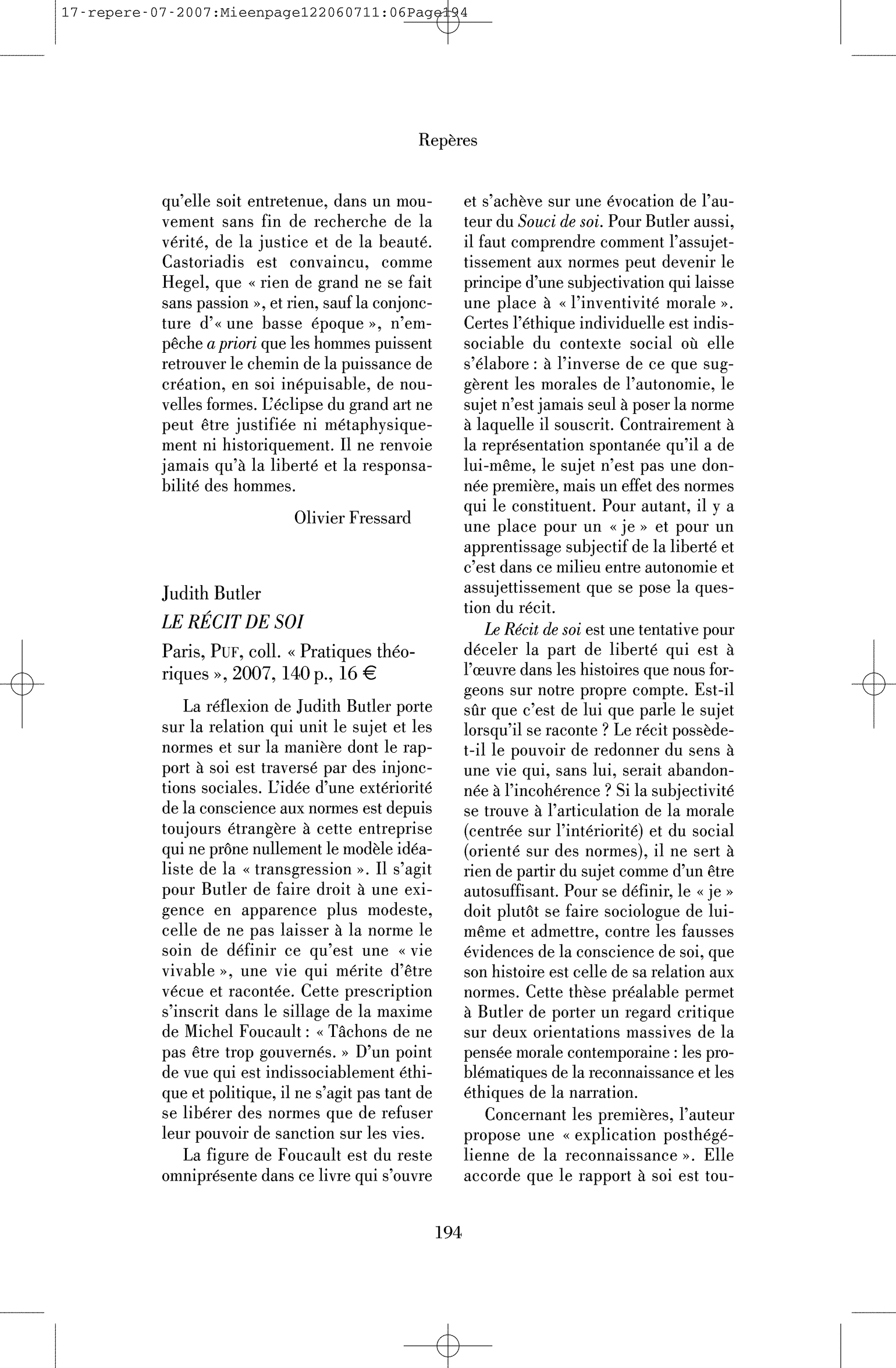 Judith Butler : le Récit de soi