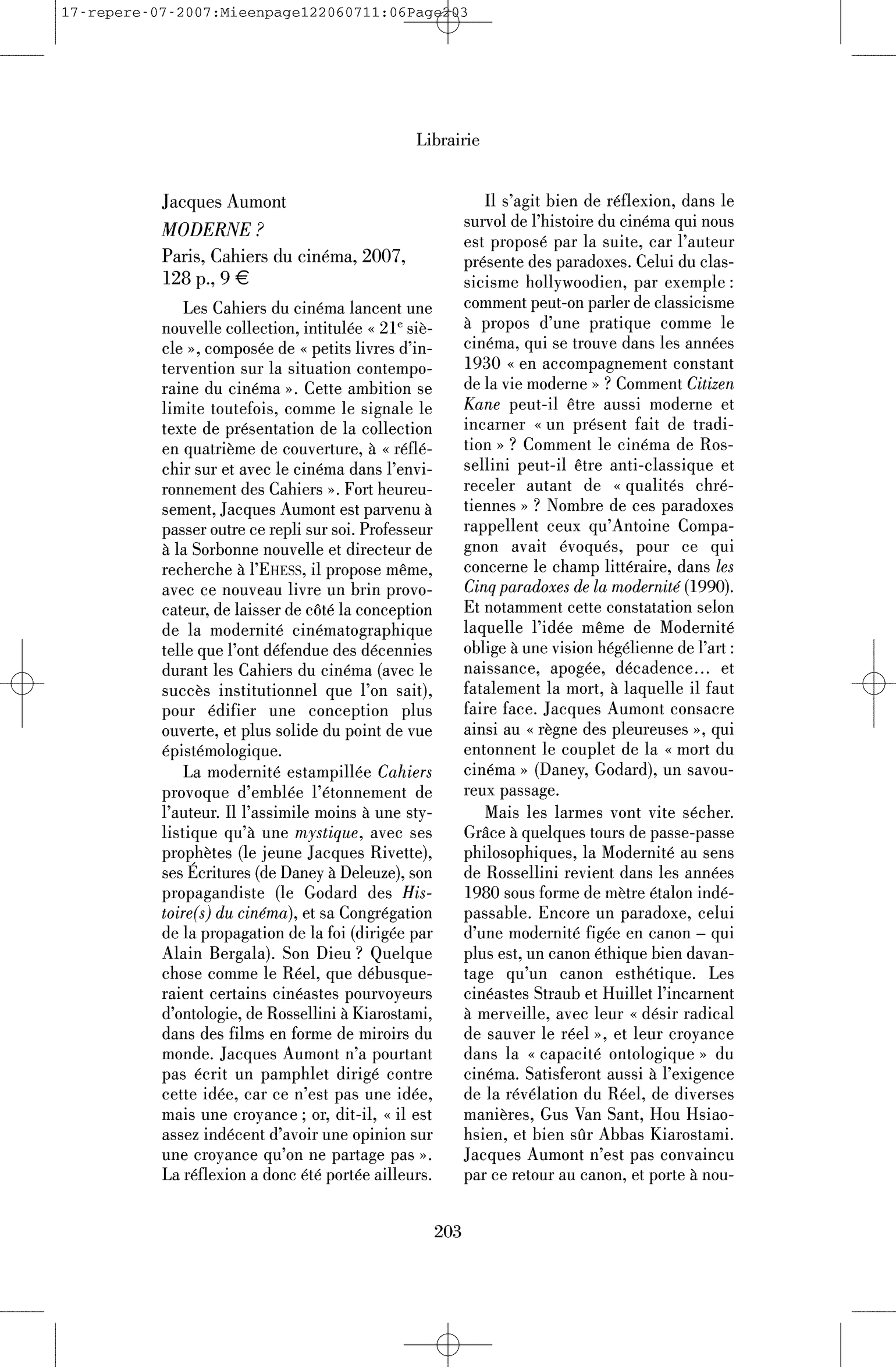 Jacques Aumont : Moderne ?