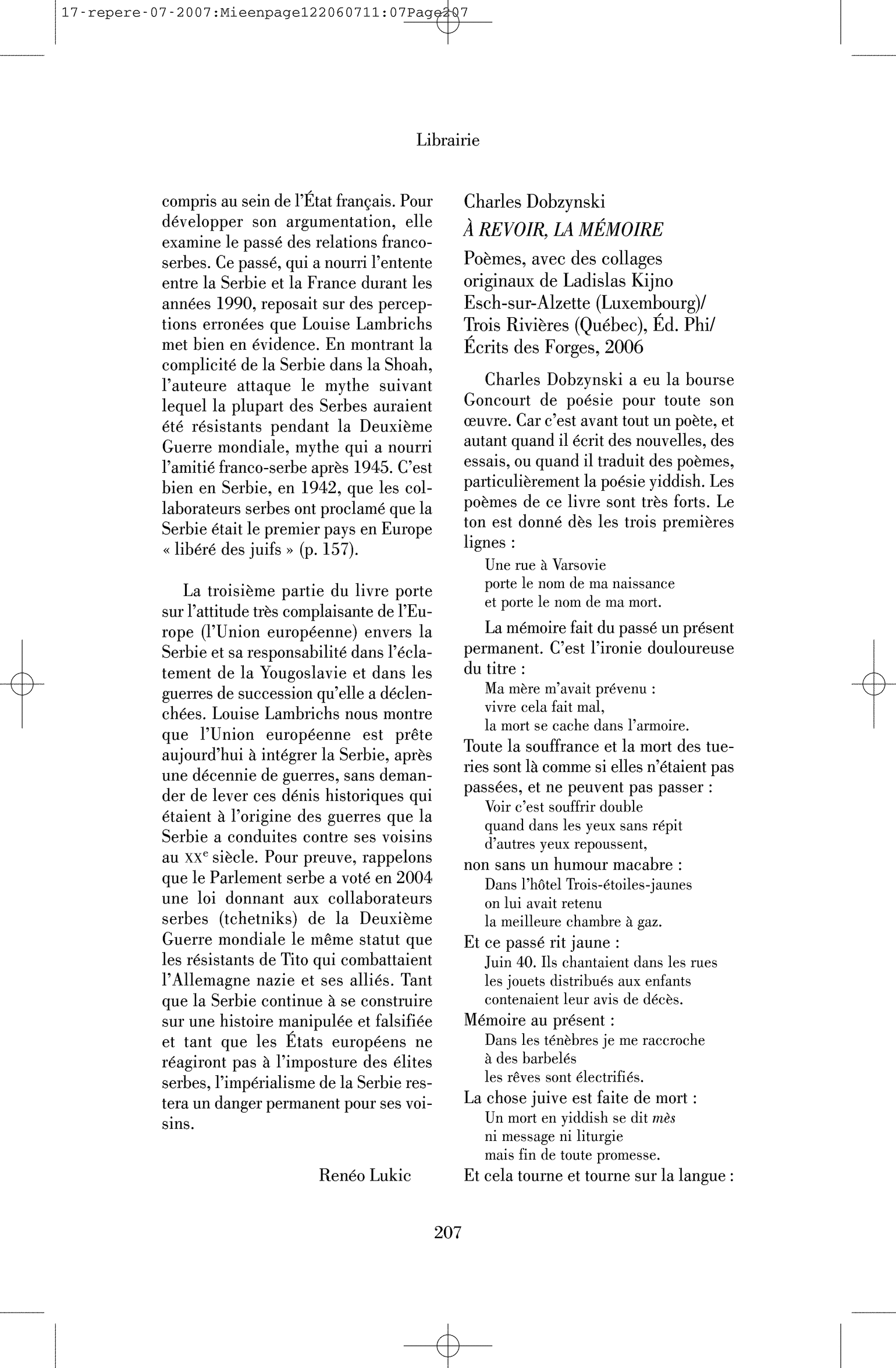 Charles Dobzynski : À revoir, la mémoire