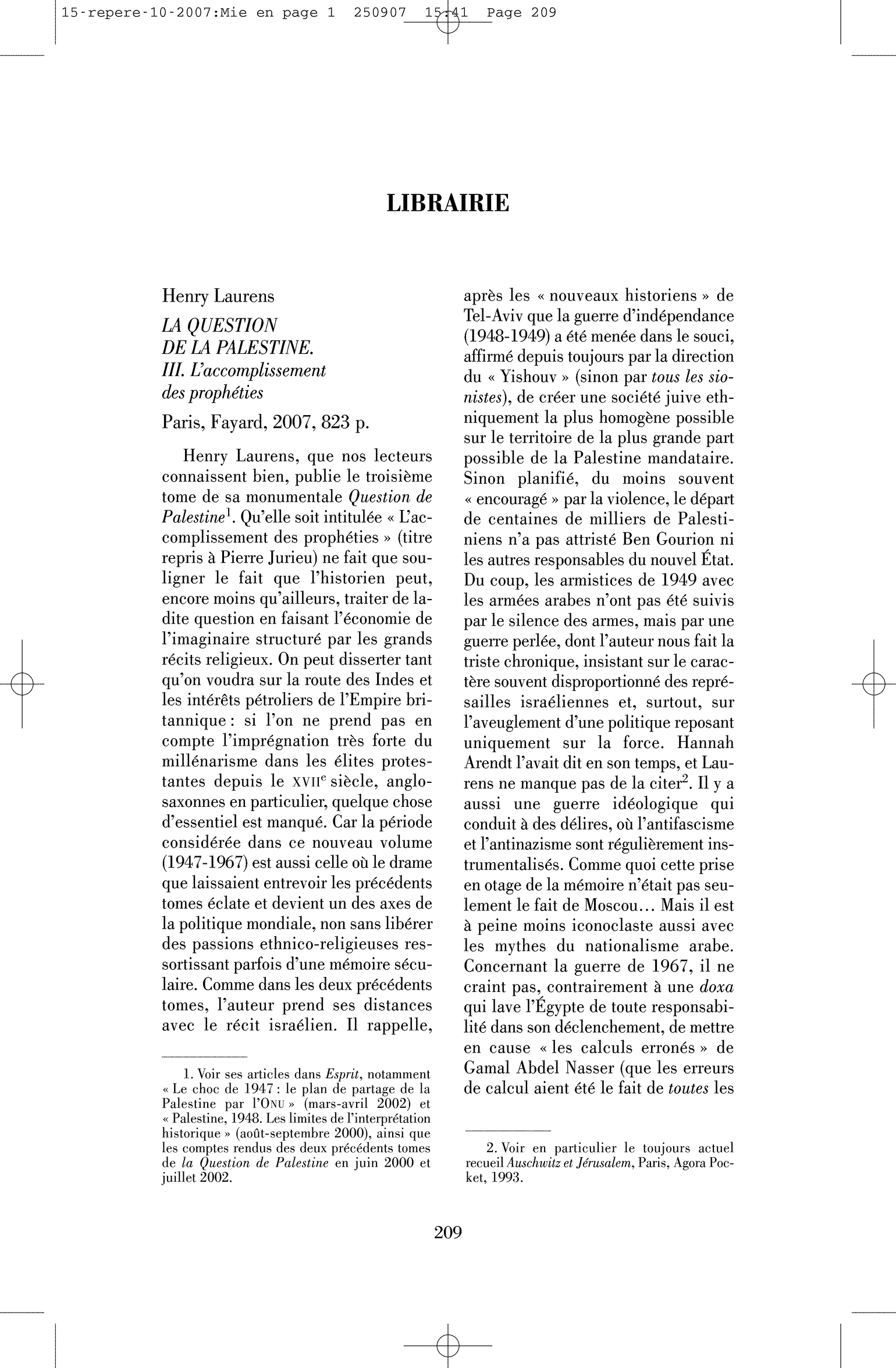 Henry Laurens: la Question de la Palestine. III. L’accomplissement des prophéties