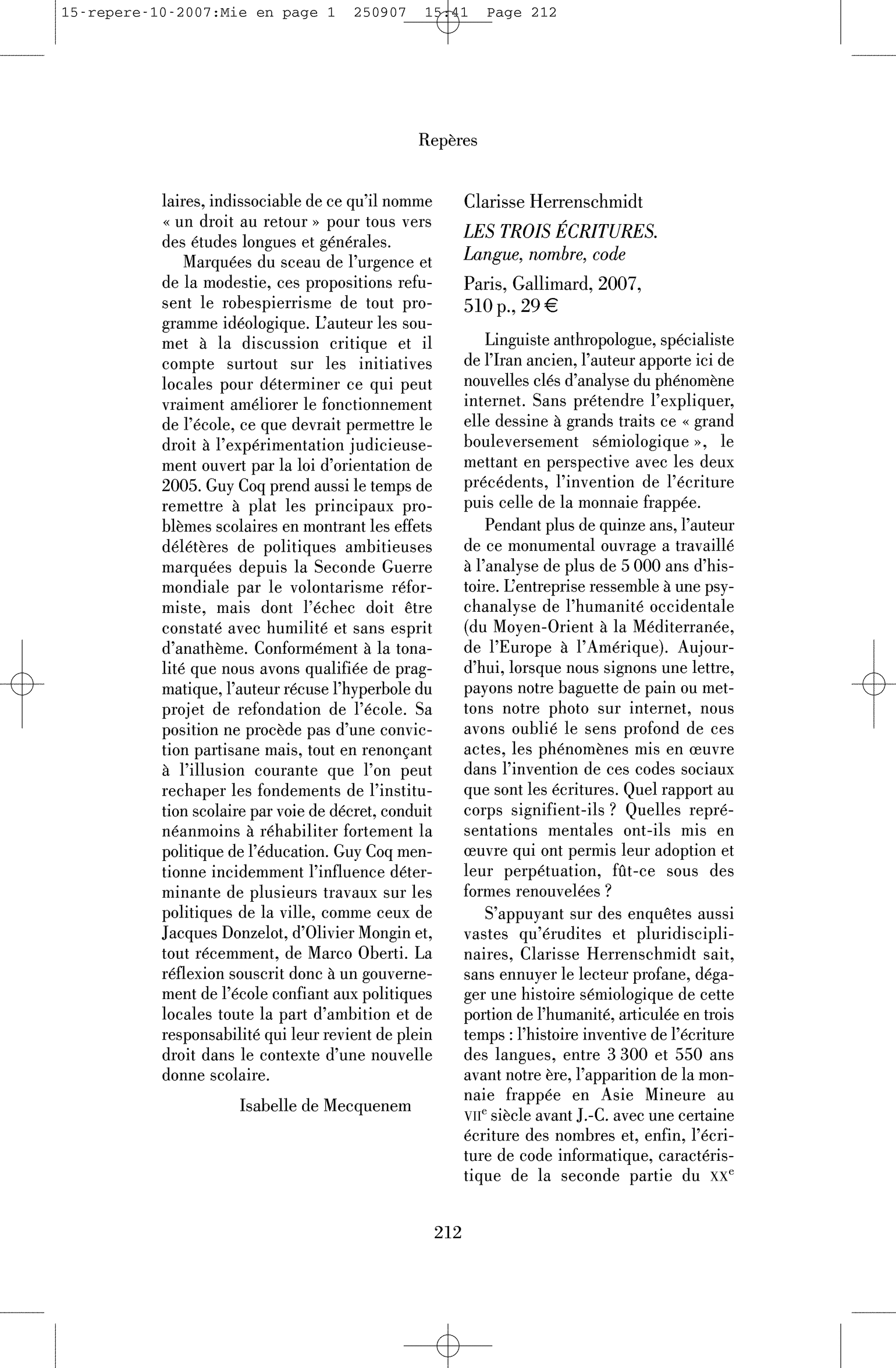Clarisse Herrenschmidt: les Trois écritures. Langue, nombre, code