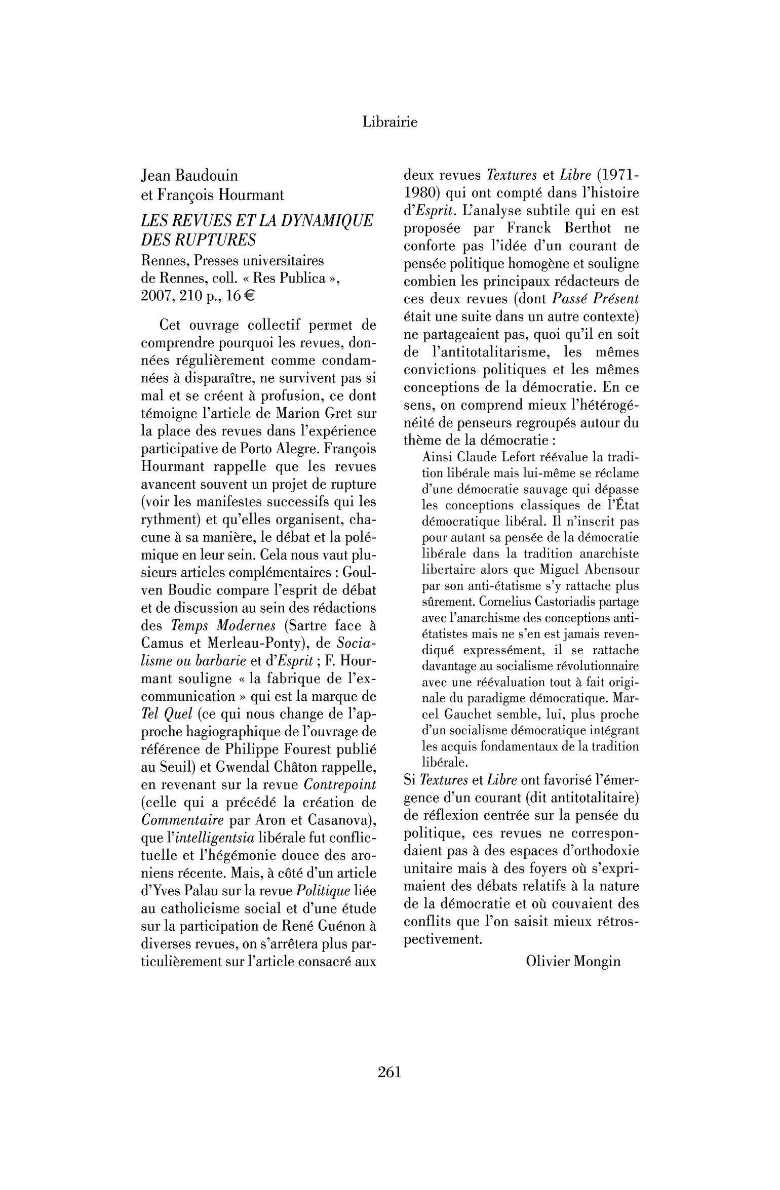 Jean Baudouin et François Hourmant: les Revues et la dynamique des ruptures