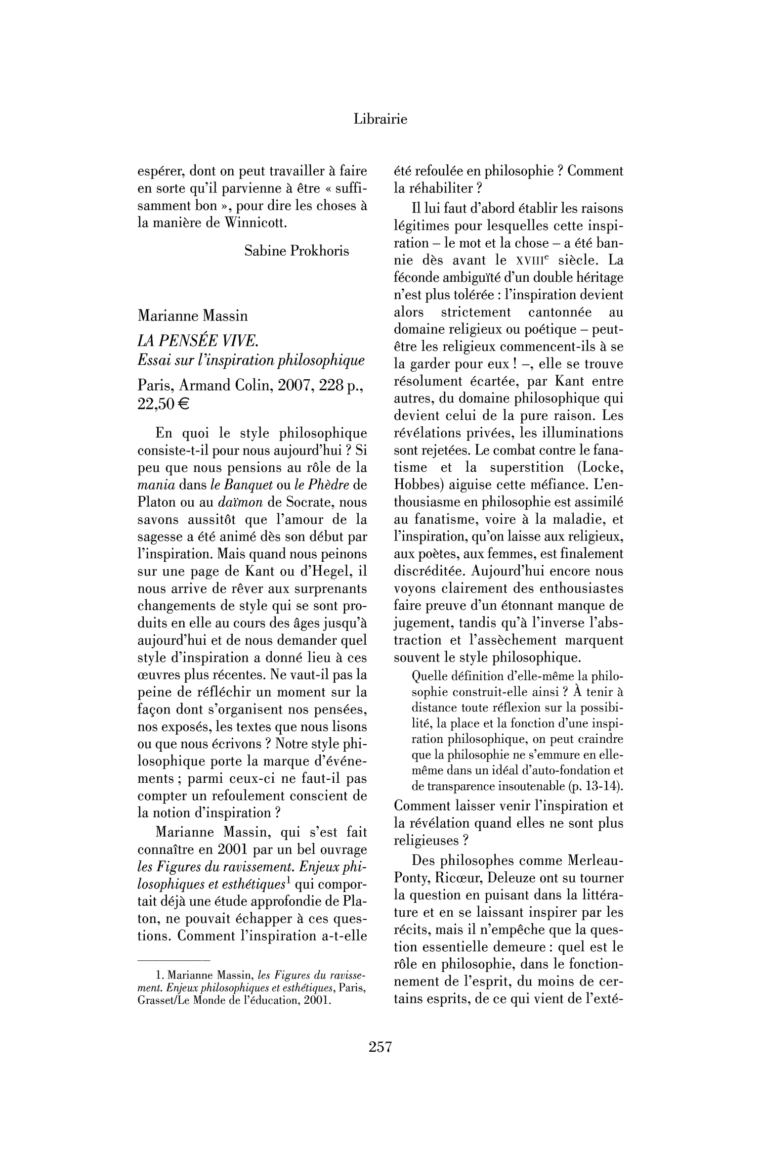 Marianne Massin: la Pensée vive. Essai sur l’inspiration philosophique