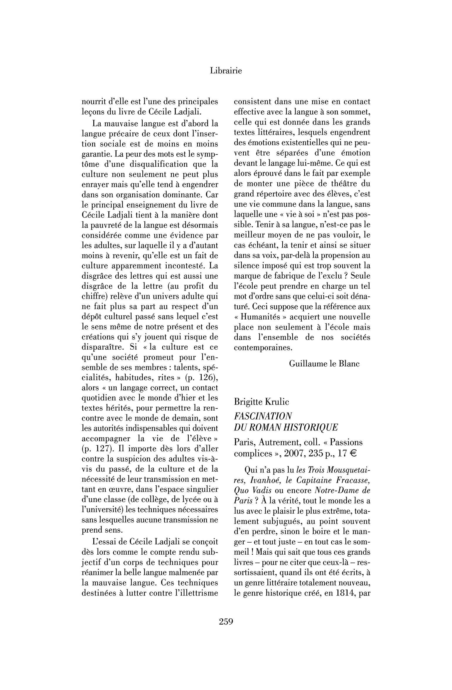 Brigitte Krulic: Fascination du roman historique