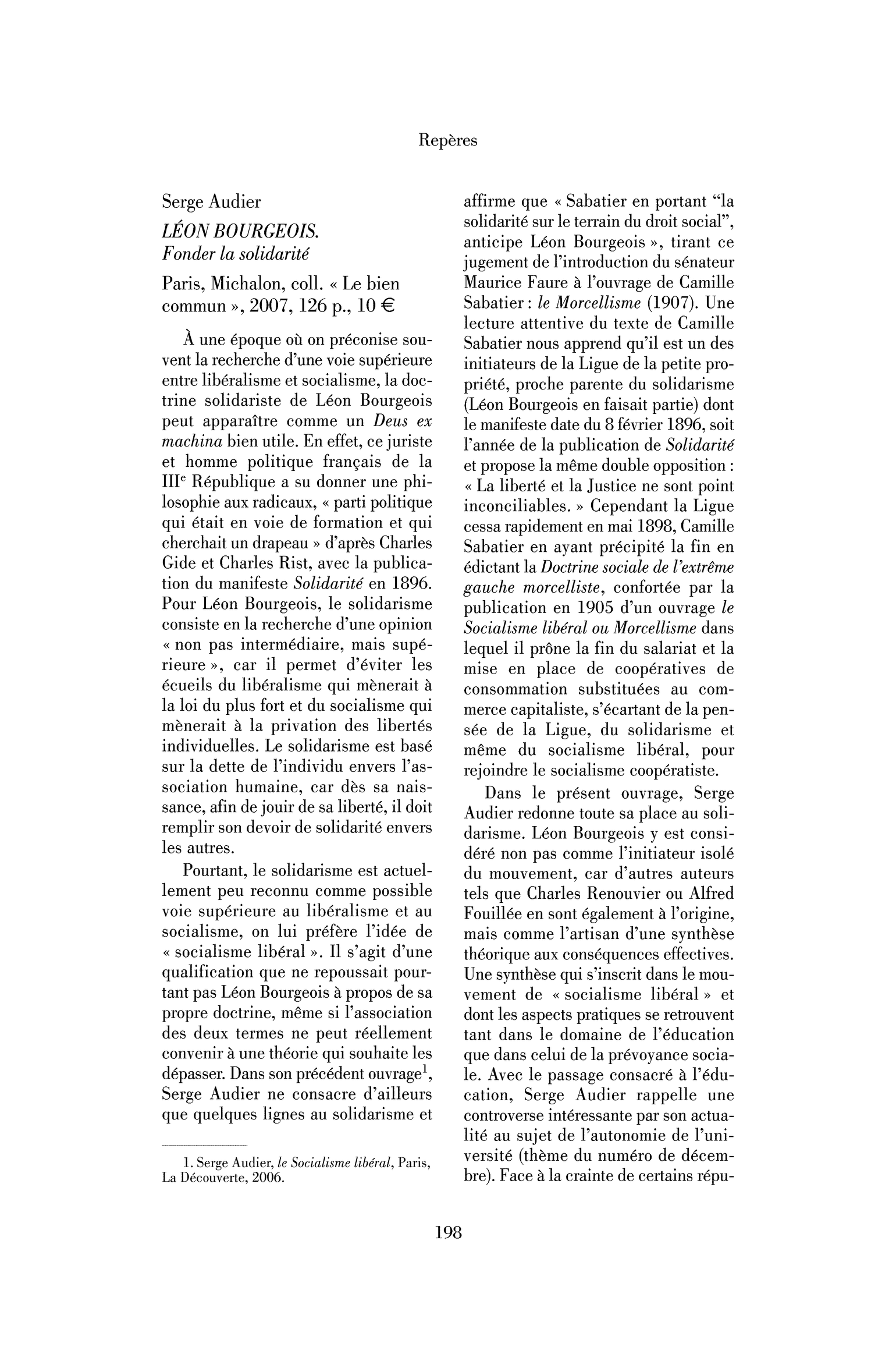 Serge Audier : Léon Bourgeois. Fonder la solidarité