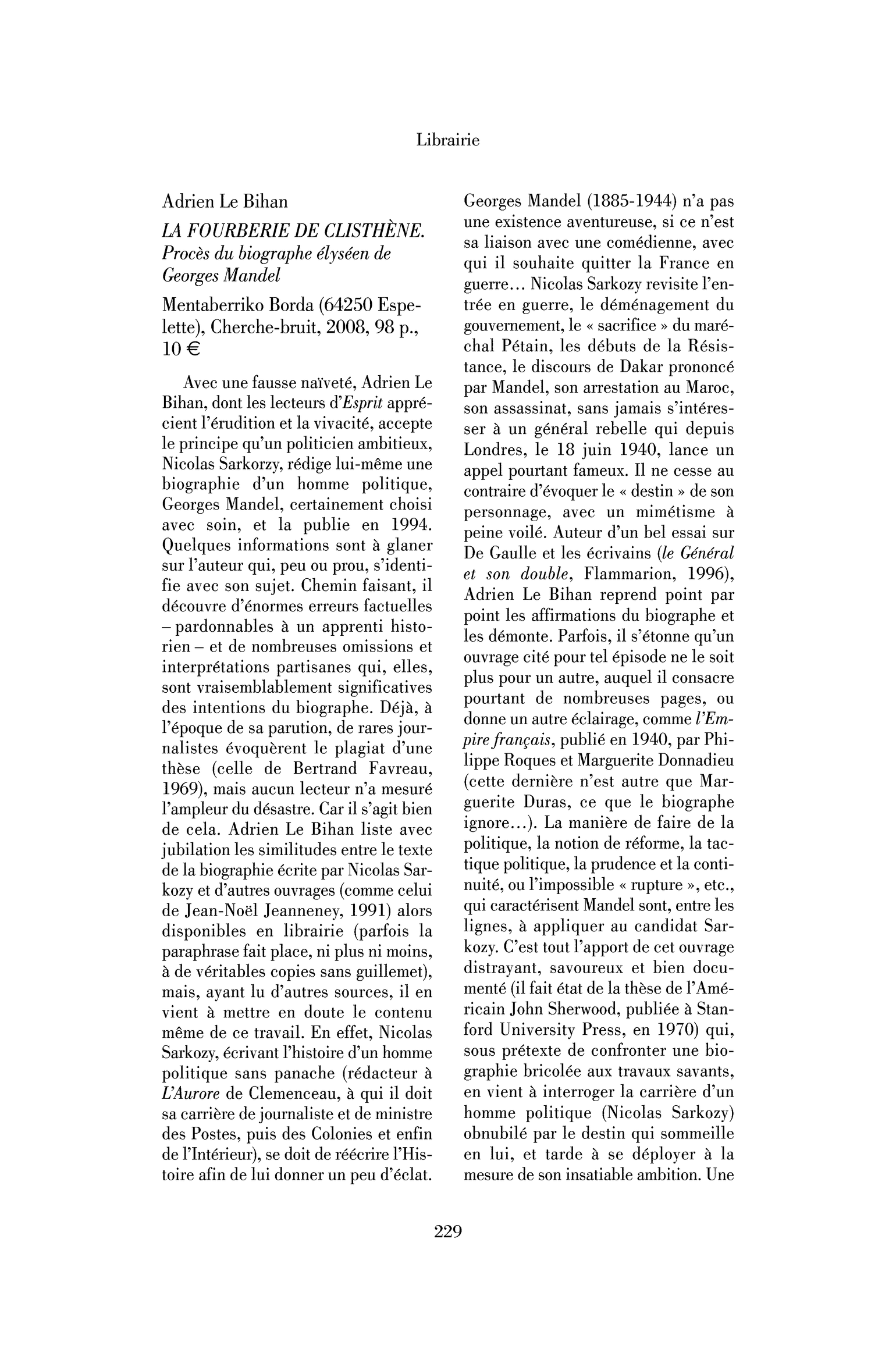 Adrien Le Bihan: la Fourberie de Clisthène. Procès du biographe élyséen de Georges Mandel