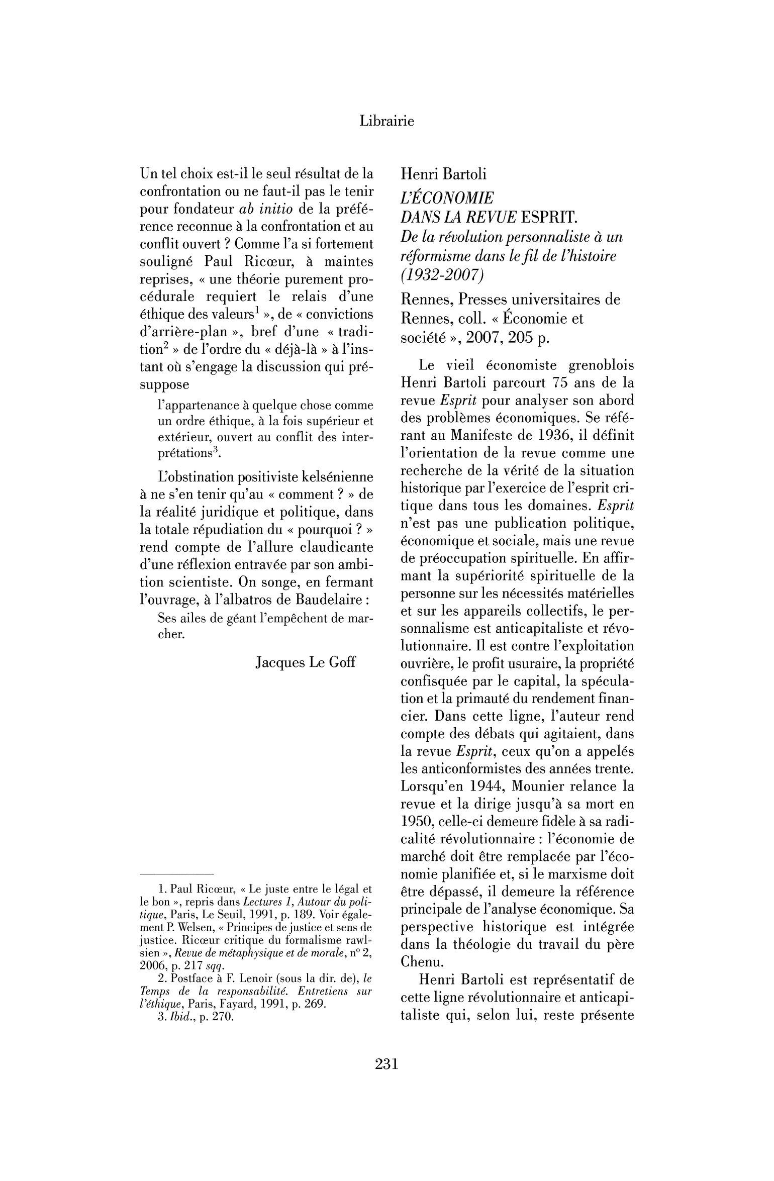 Henri Bartoli: l’Economie dans la revue Esprit. De la révolution personnaliste à un réformisme dans le fil de l’histoire (1932-2007)