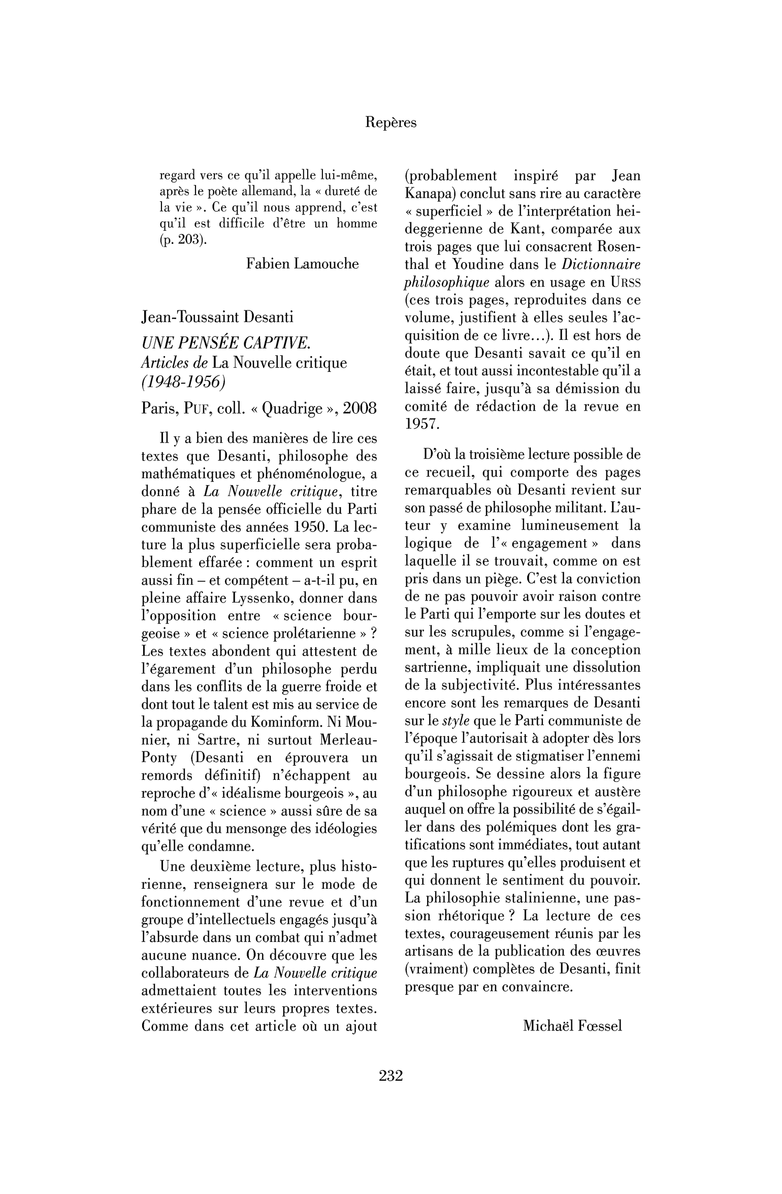 Jean-Toussaint Desanti: Une pensée captive. Articles de La Nouvelle critique (1948-1956)