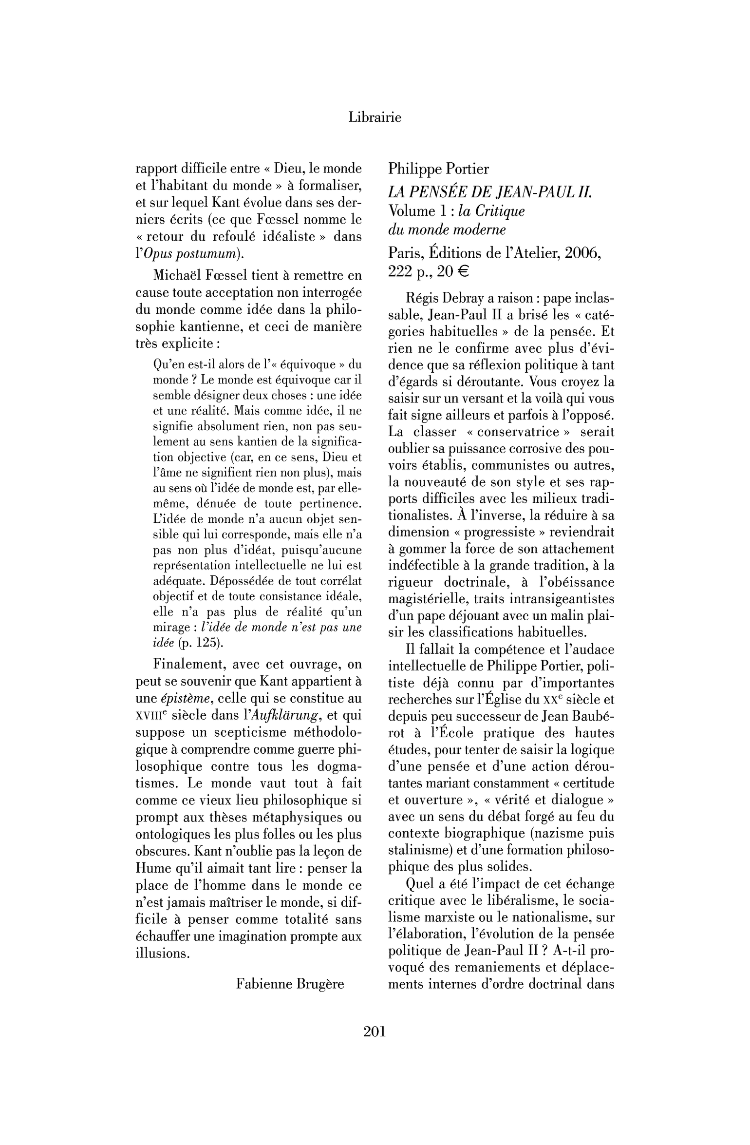 Philippe Portier : la Pensée de Jean-Paul II. Volume 1 : la Critique du monde moderne