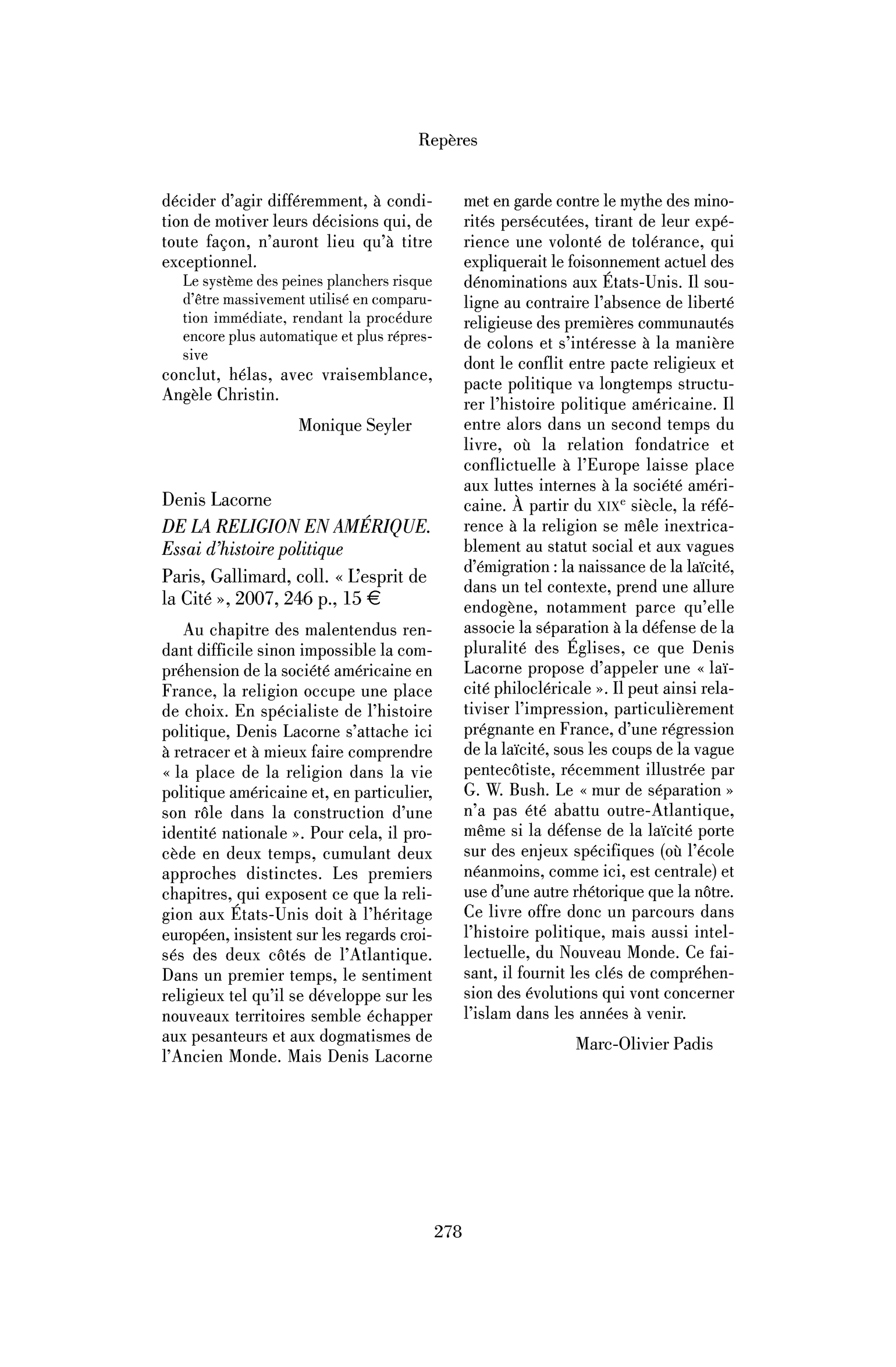 Denis Lacorne : De la religion en Amérique. Essai d’histoire politique