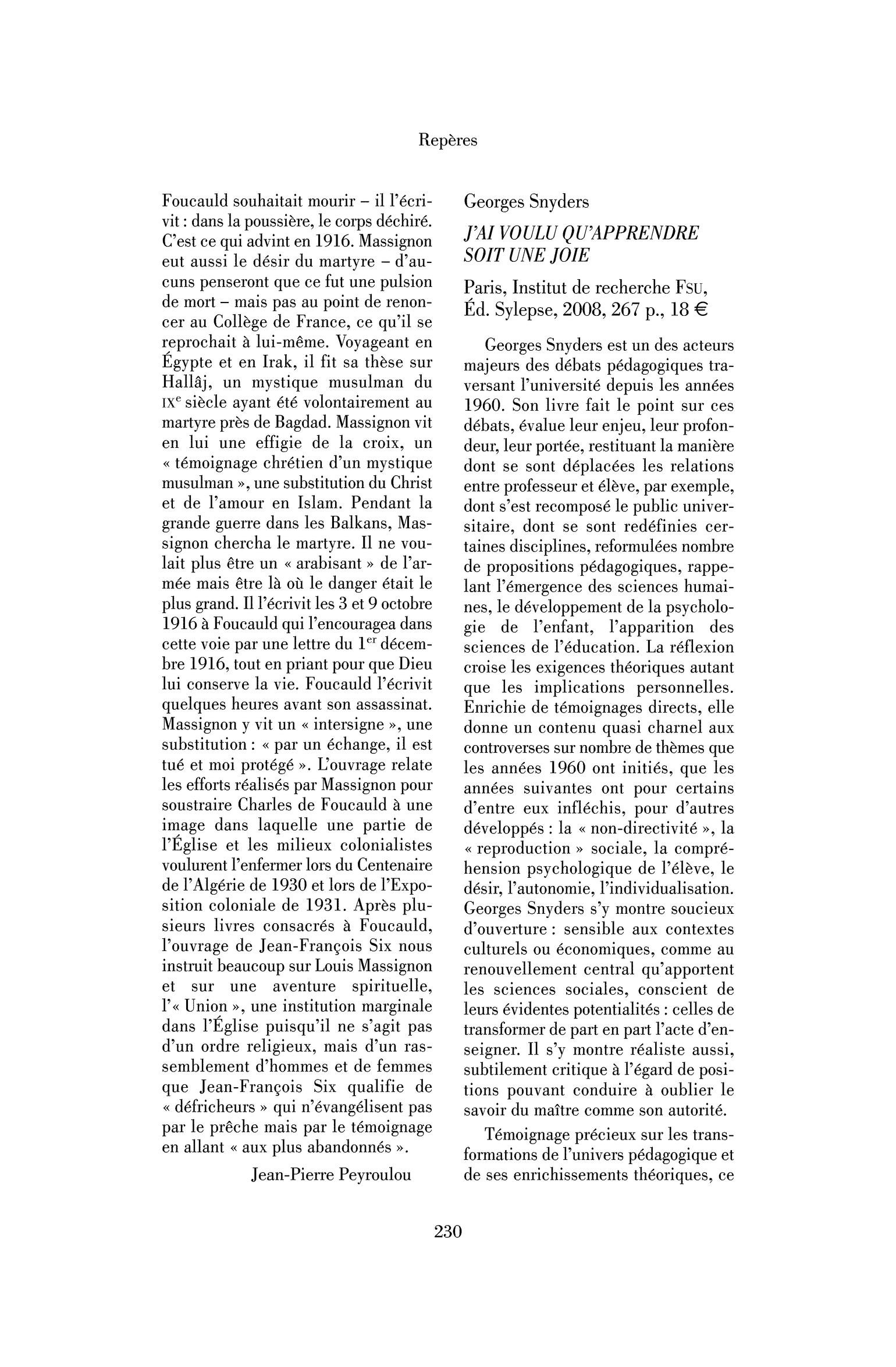 Georges Snyders: J’ai voulu qu’apprendre soit une joie