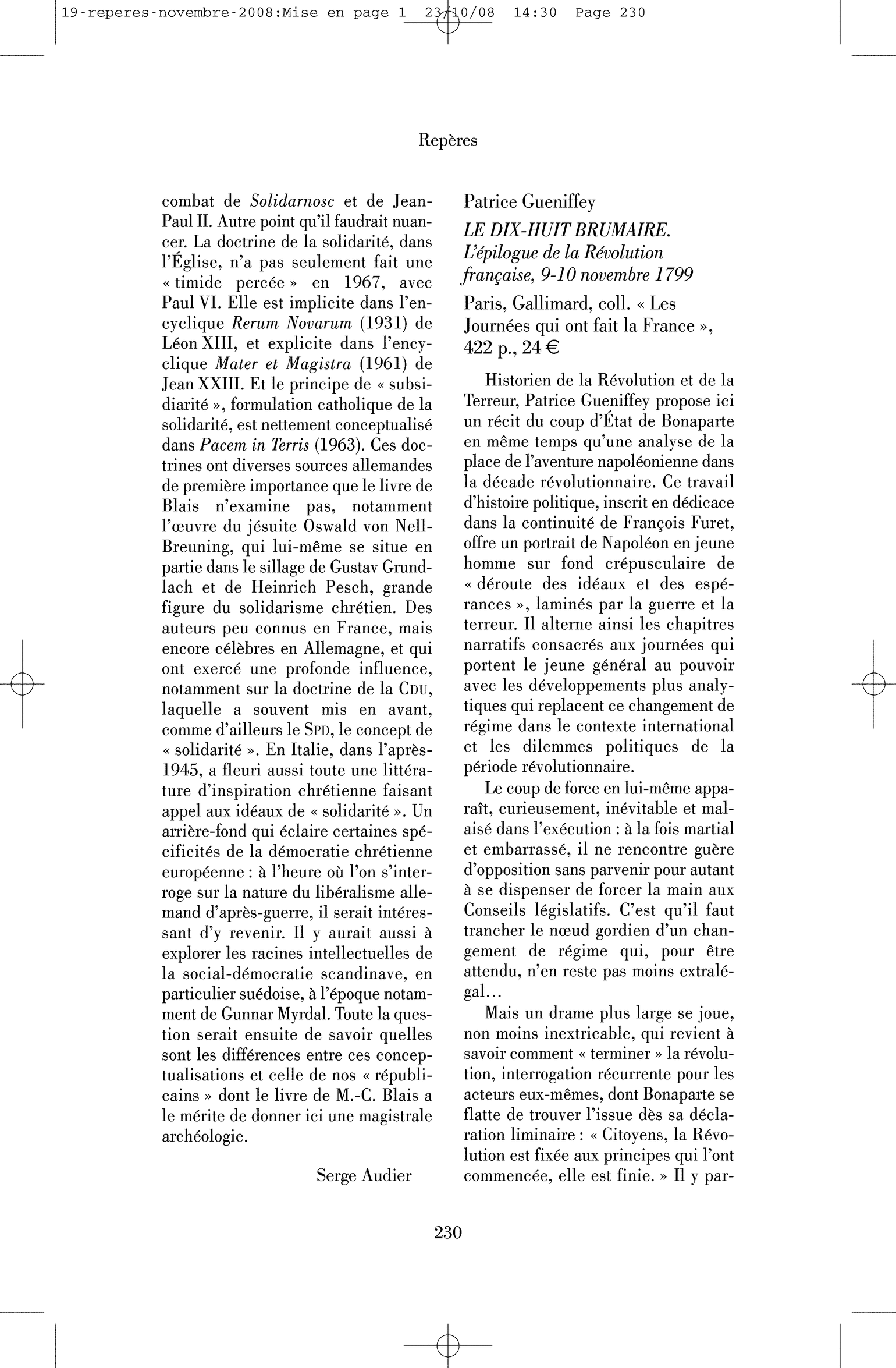 Patrice Gueniffey: le Dix-huit brumaire. L’épilogue de la Révolution française, 9-10 novembre 1799