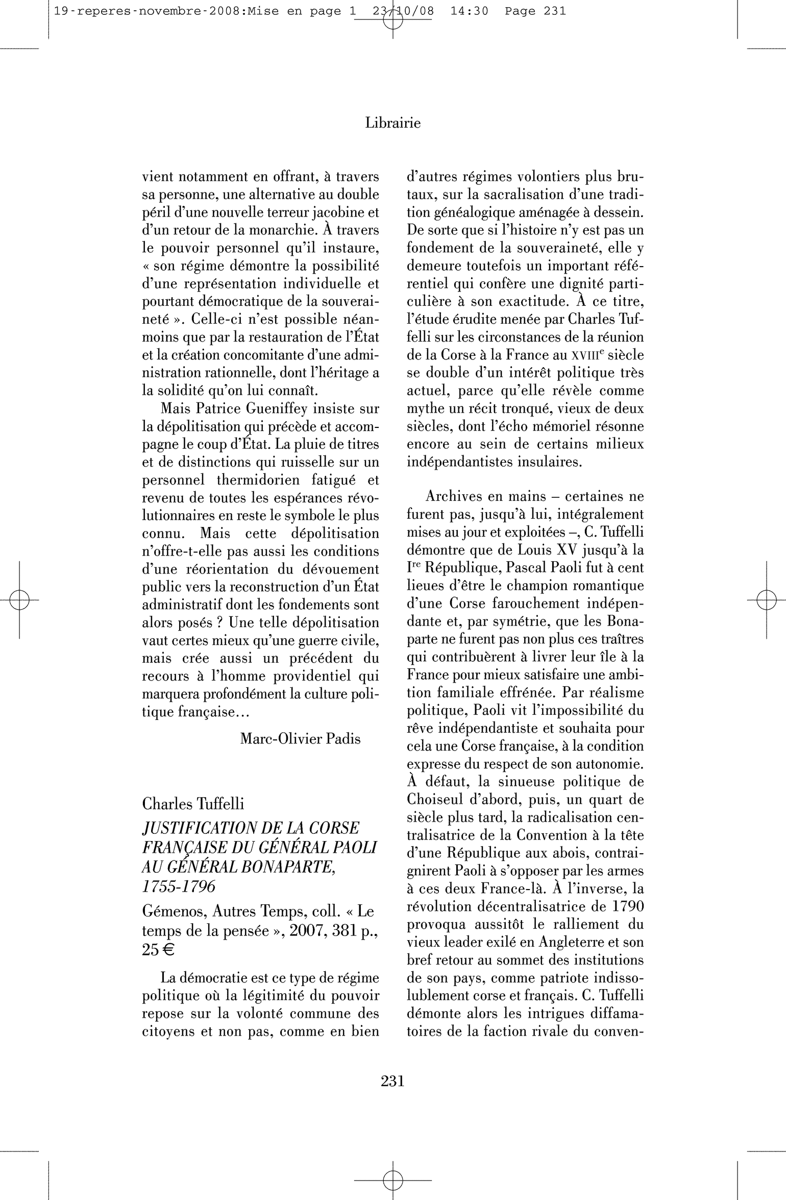 Charles Tuffelli: Justification de la Corse française du général Paoli au général Bonaparte, 1755-1796