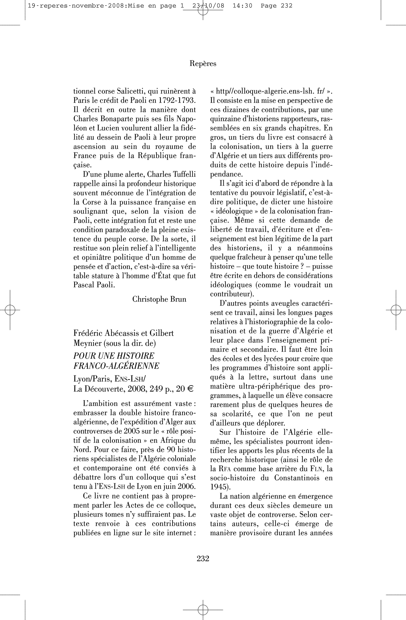 Frédéric Abécassis et Gilbert Meynier (sous la dir. de): Pour une histoire franco-algérienne