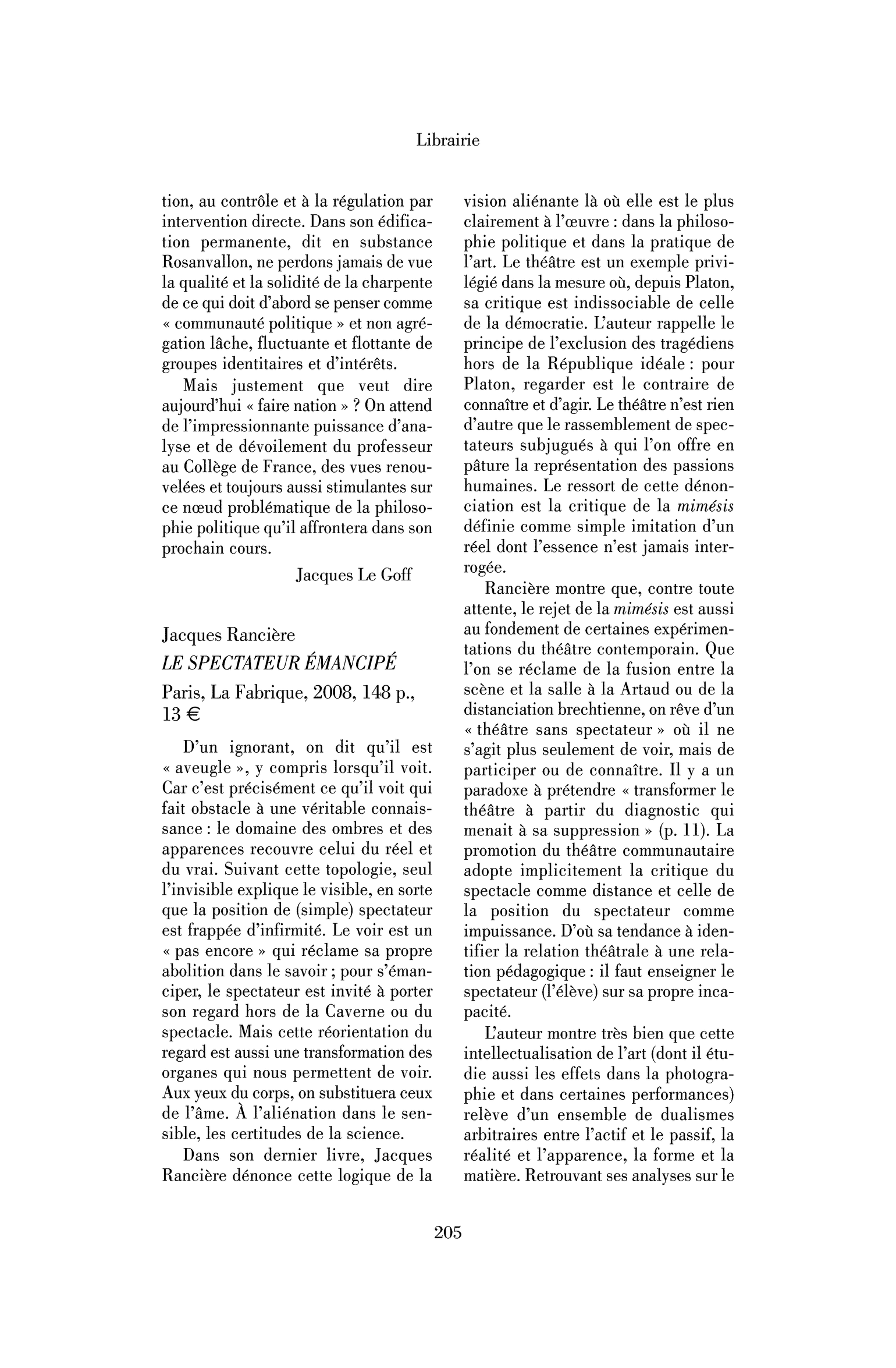 Jacques Rancière: le Spectateur émancipé