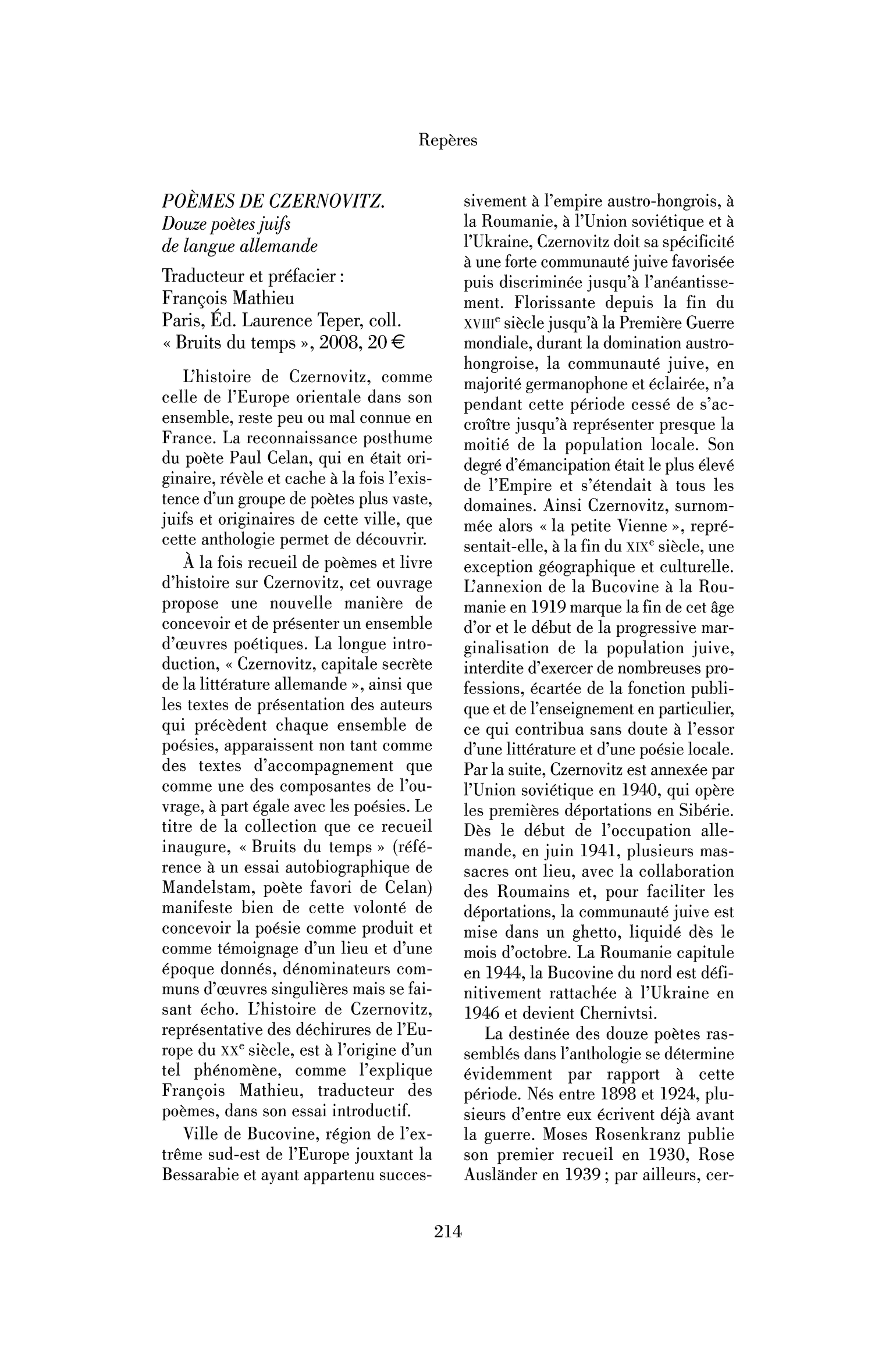 Poèmes de Czernovitz. Douze poètes juifs de langue allemande