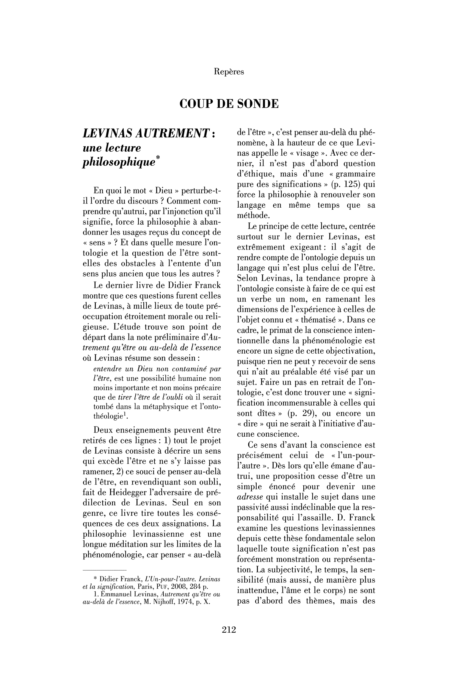 Levinas autrement : une lecture philosophique. À propos de Didier Franck