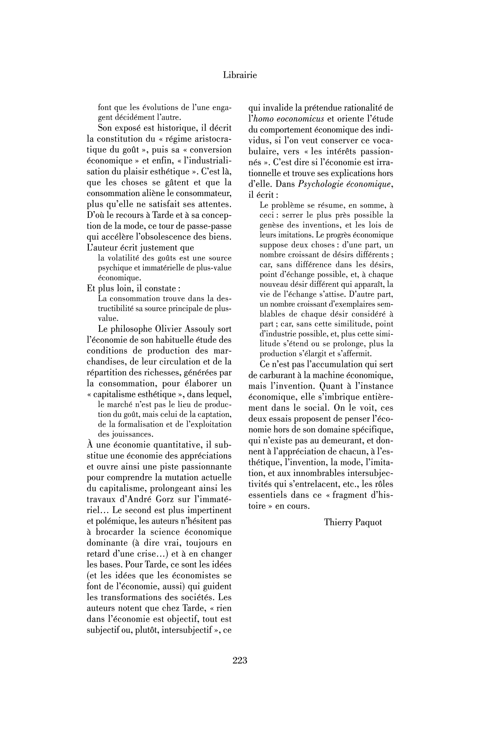 Bruno Latour et Vincent Antonin Lépinay : l’Économie, science des intérêts passionnés. Introduction à l’anthropologie de Gabriel Tarde