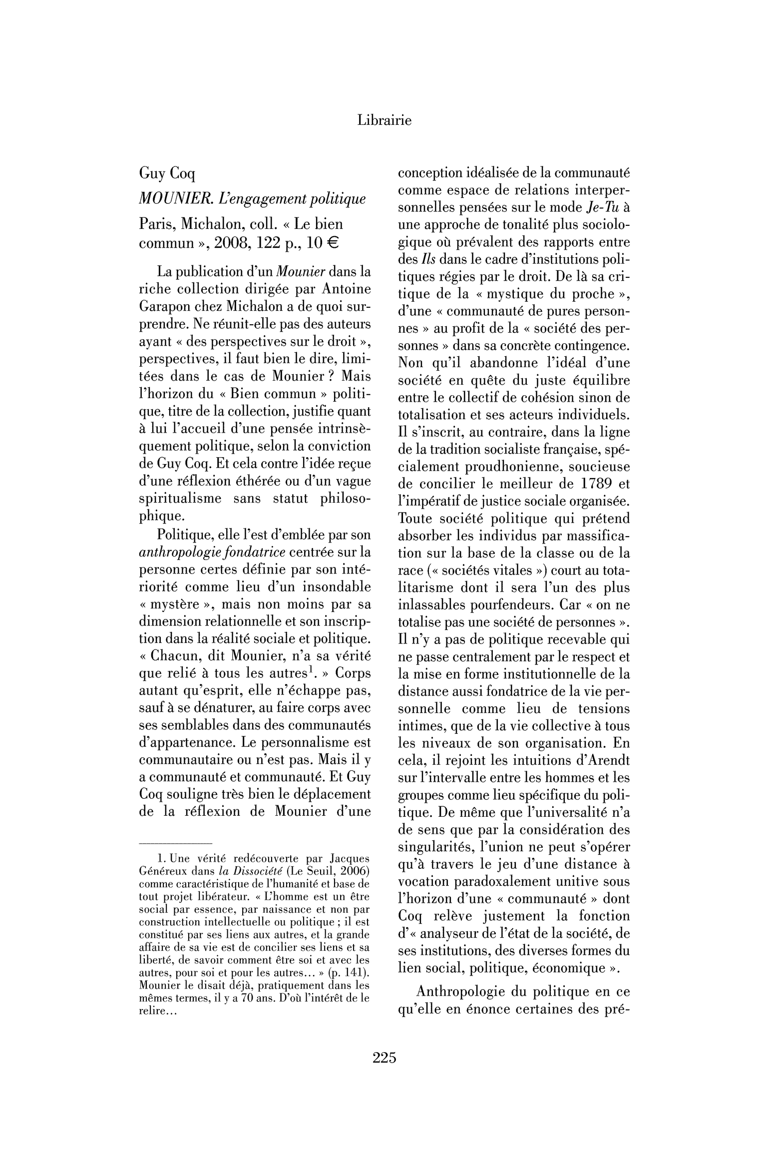 Guy Coq : Mounier. L’engagement politique