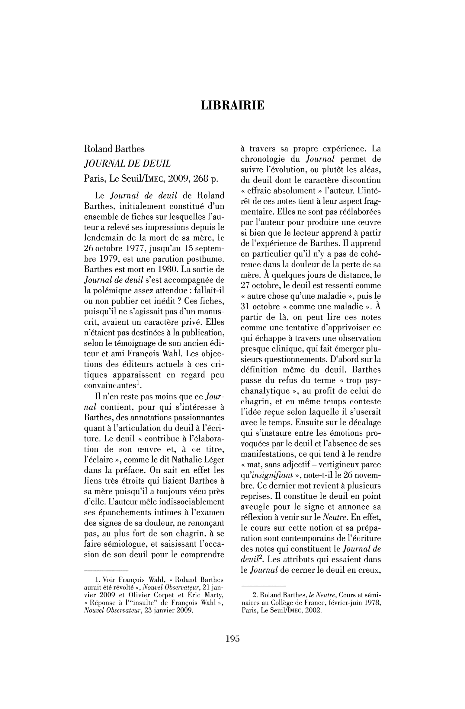 Roland Barthes : Journal de deuil