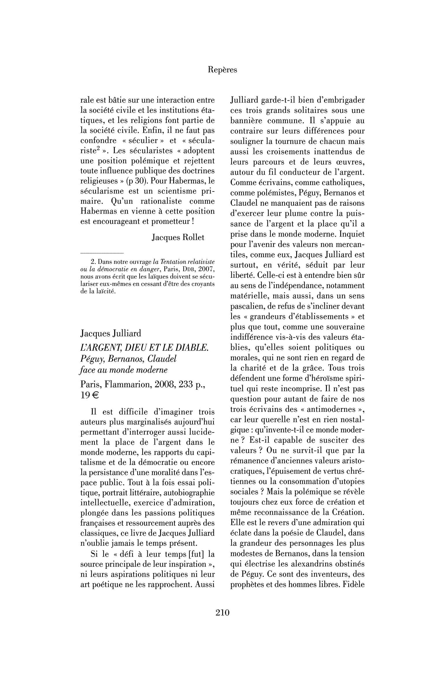 Jacques Julliard : l’Argent, Dieu et le Diable. Péguy, Bernanos, Claudel face au monde moderne
