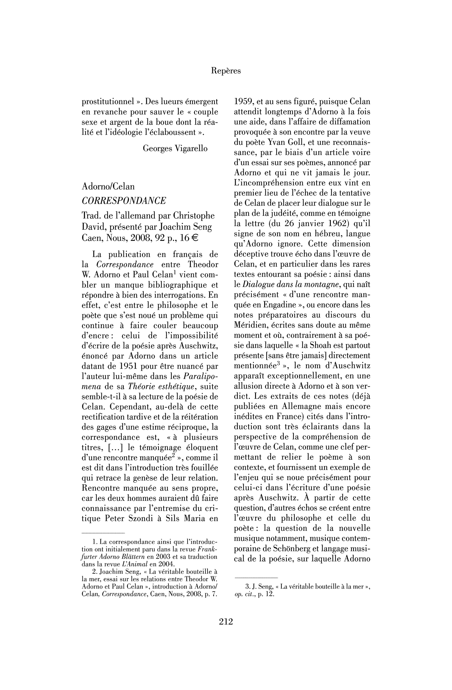 Adorno/Celan : Correspondance