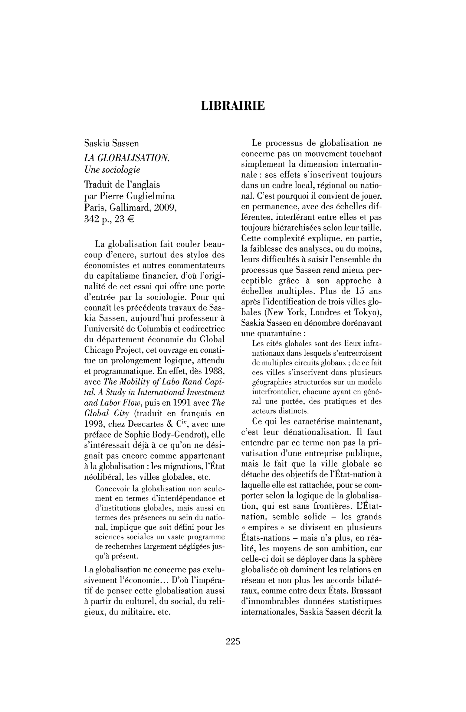 Saskia Sassen: la Globalisation. Une sociologie