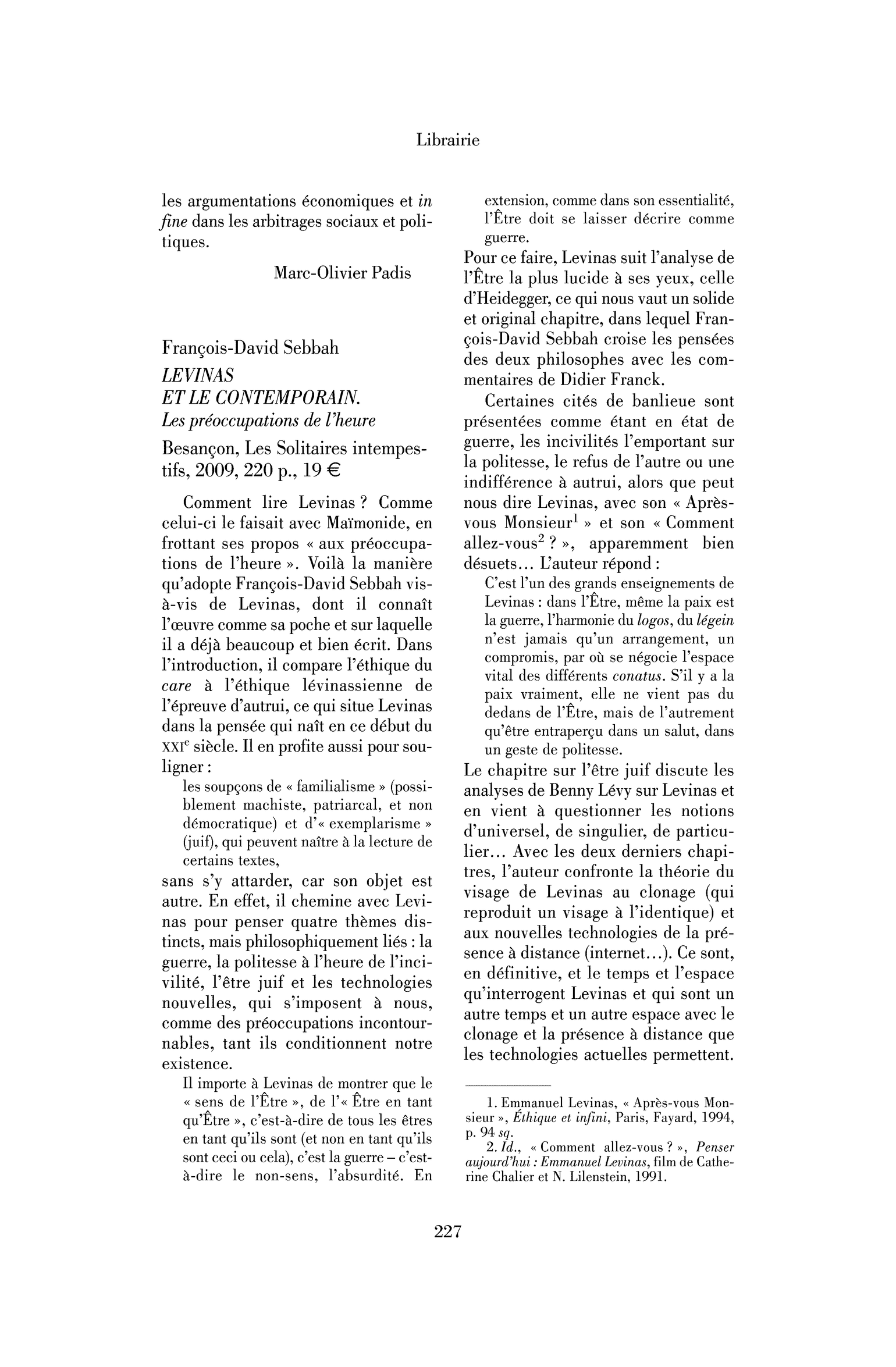 François-David Sebbah: Levinas et le contemporain. Les préoccupations de l’heure