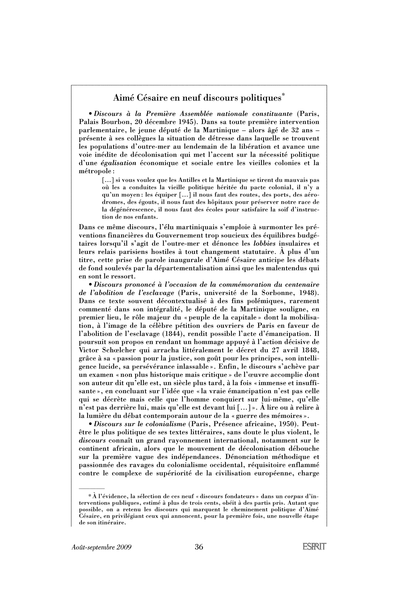 Encadré : Aimé Césaire en neuf discours politiques