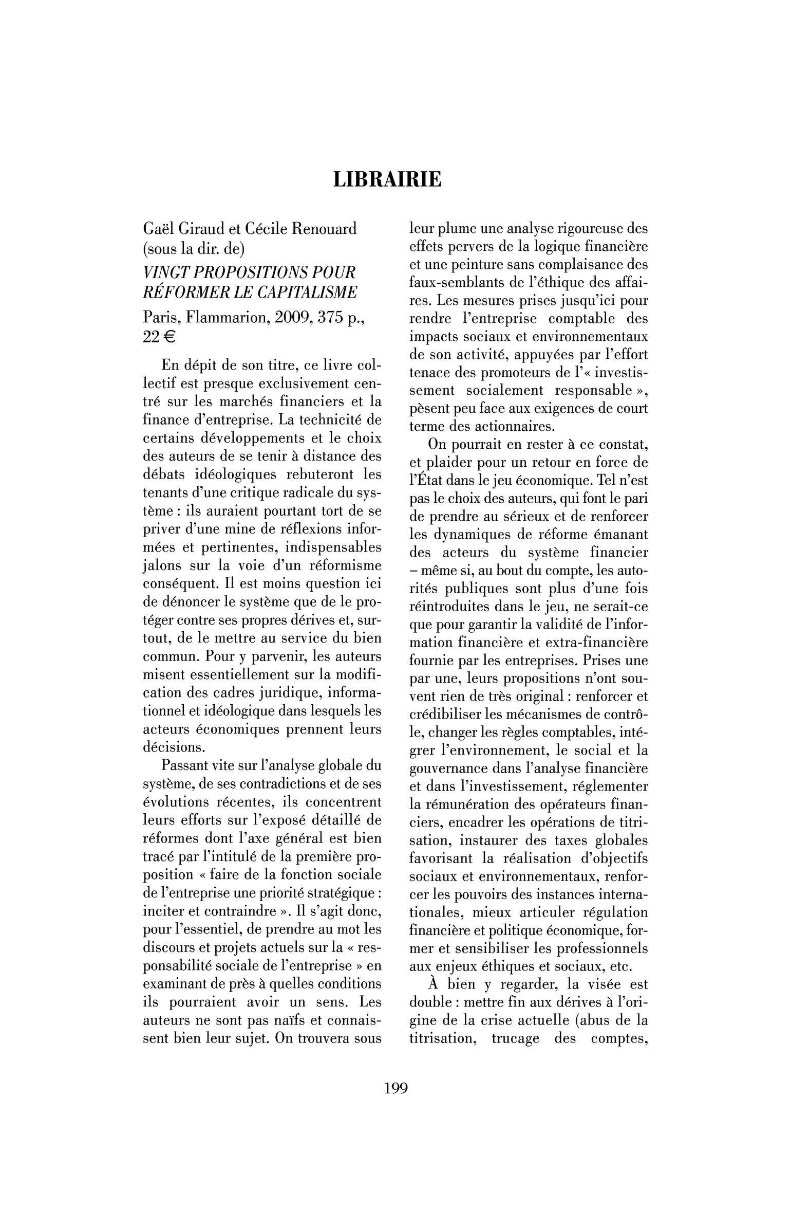 Gaël Giraud et Cécile Renouard (sous la dir. de): Vingt propositions pour réformer le capitalisme