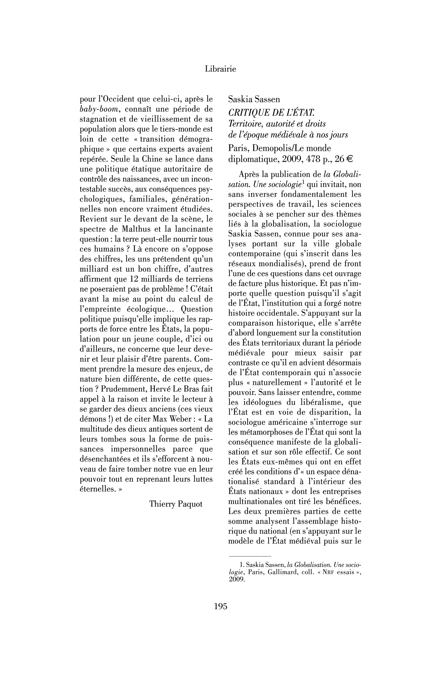 Saskia Sassen: Critique de l’État. Territoire, autorité et droits de l’époque médiévale à nos jours