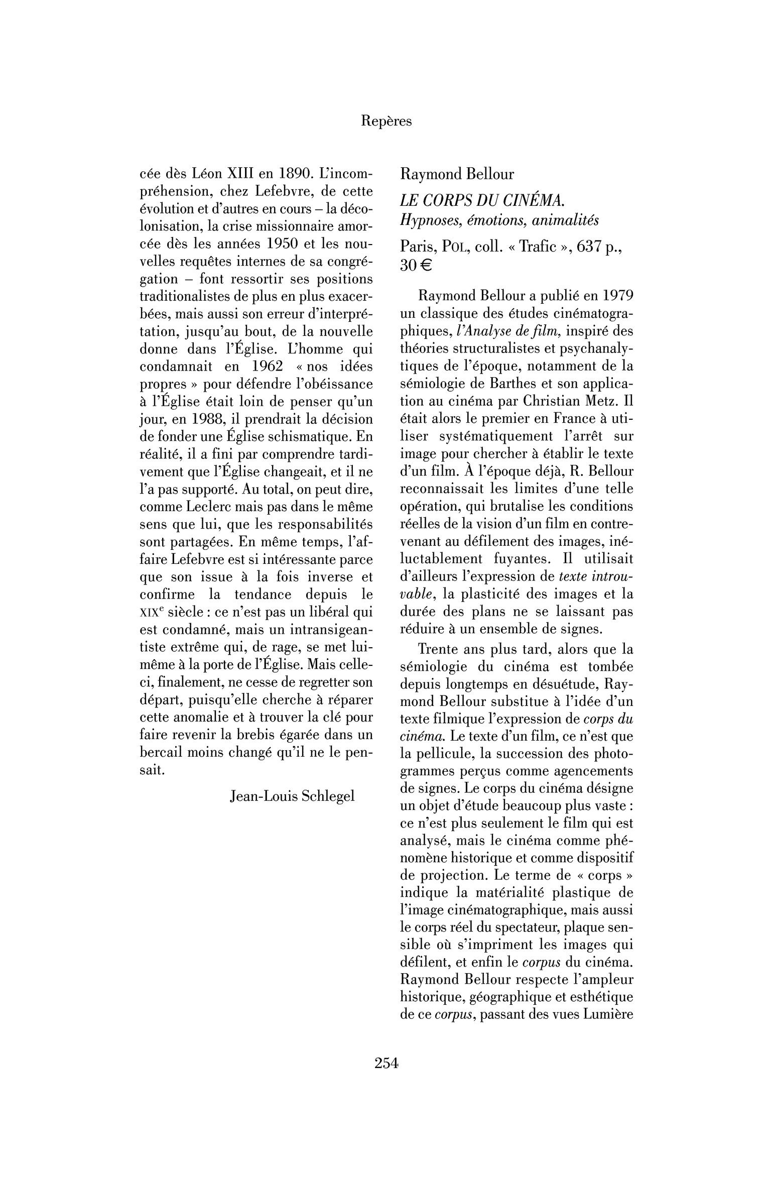 Raymond Bellour : le Corps du cinéma. Hypnoses, émotions, animalités