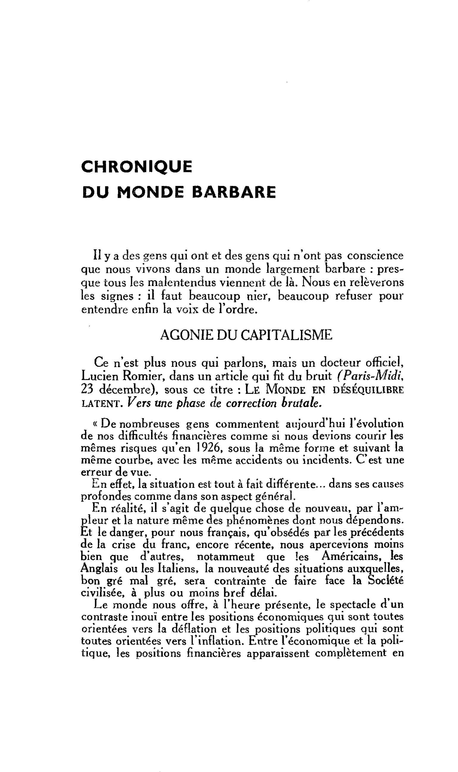 CHRONIQUE DU MONDE BARBARE
