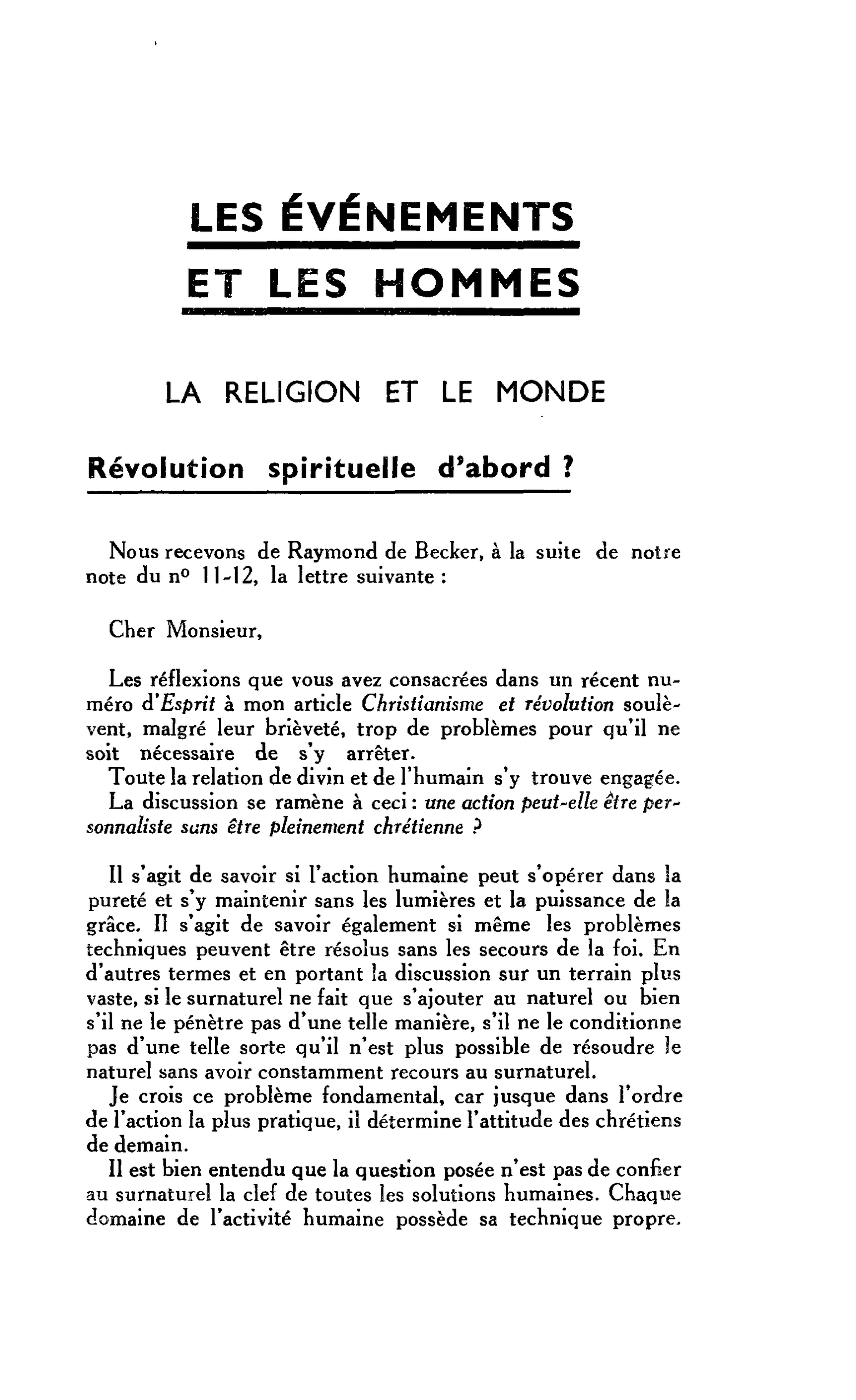 LA RELIGION ET LE MONDE. Révolution spirituelle d’abord ?