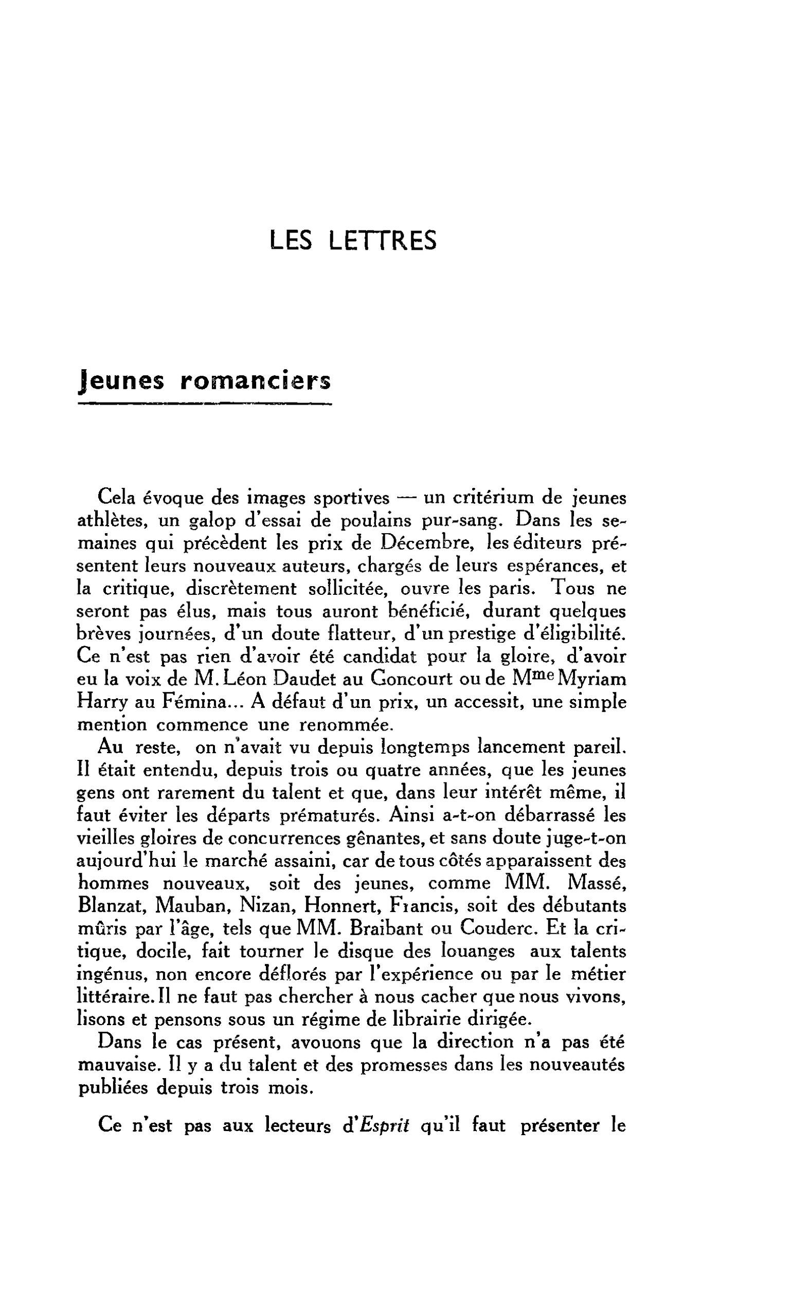 LES LETTRES. Jeunes romanciers