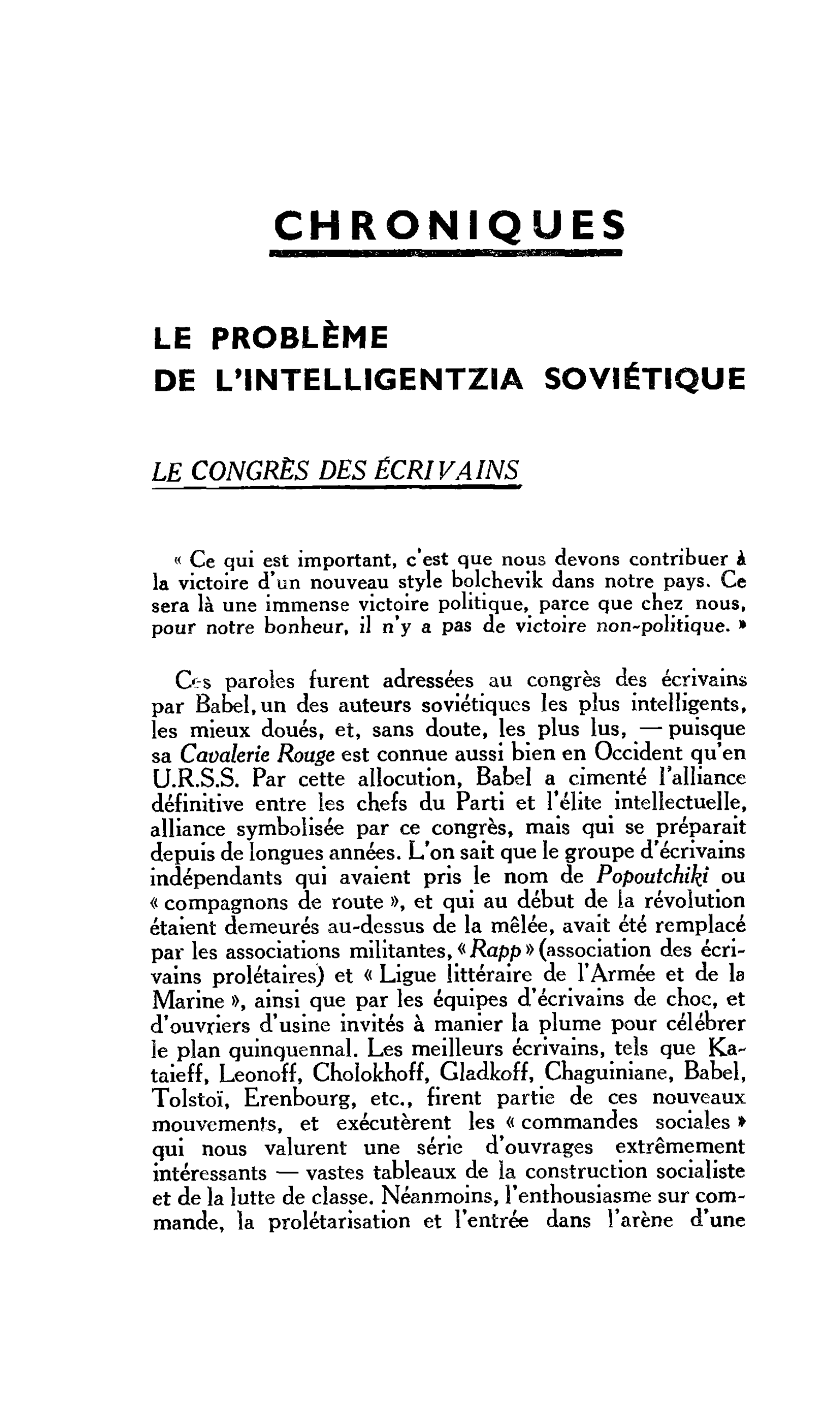LE PROBLÈME DE L’INTELLIGENTZIA SOVIÉTIQUE LE CONGRÈS DES ÉCRIVAINS