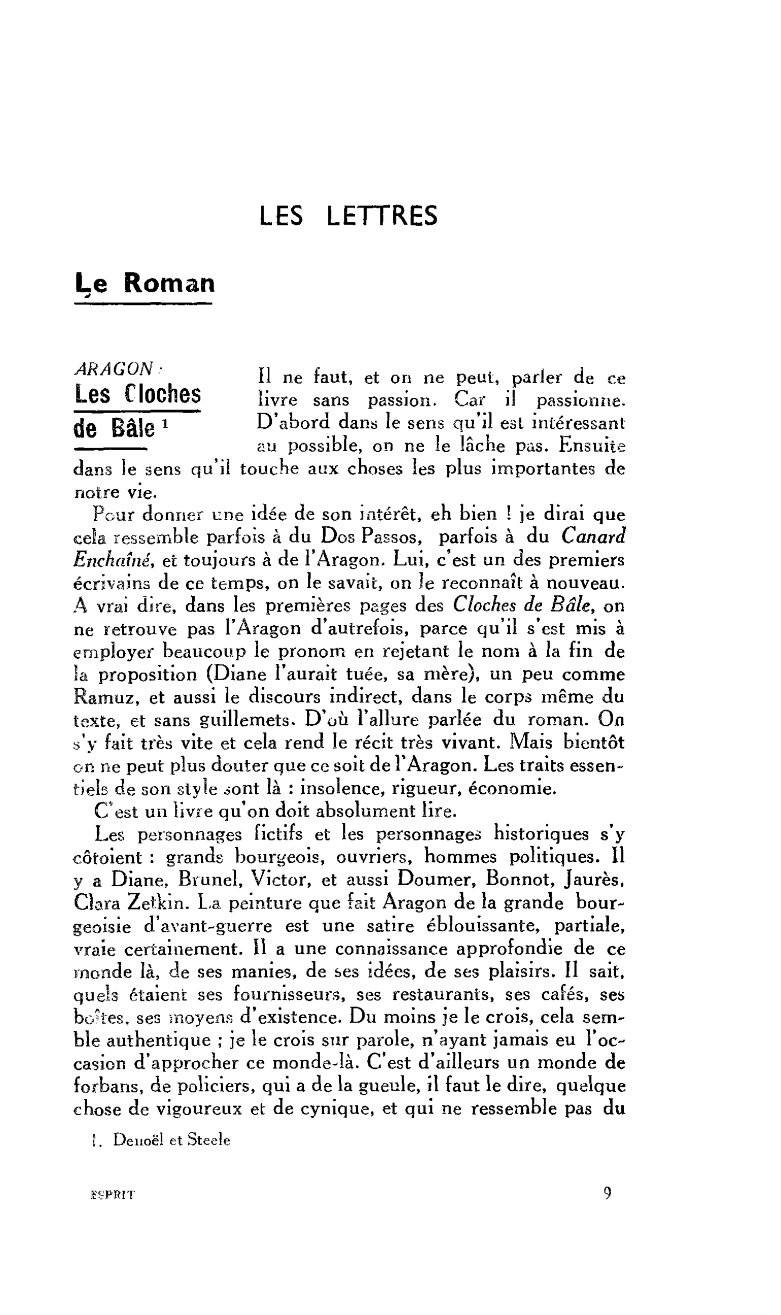 LES LETTRES. Le Roman ARAGON: Les Cloches de Bâle