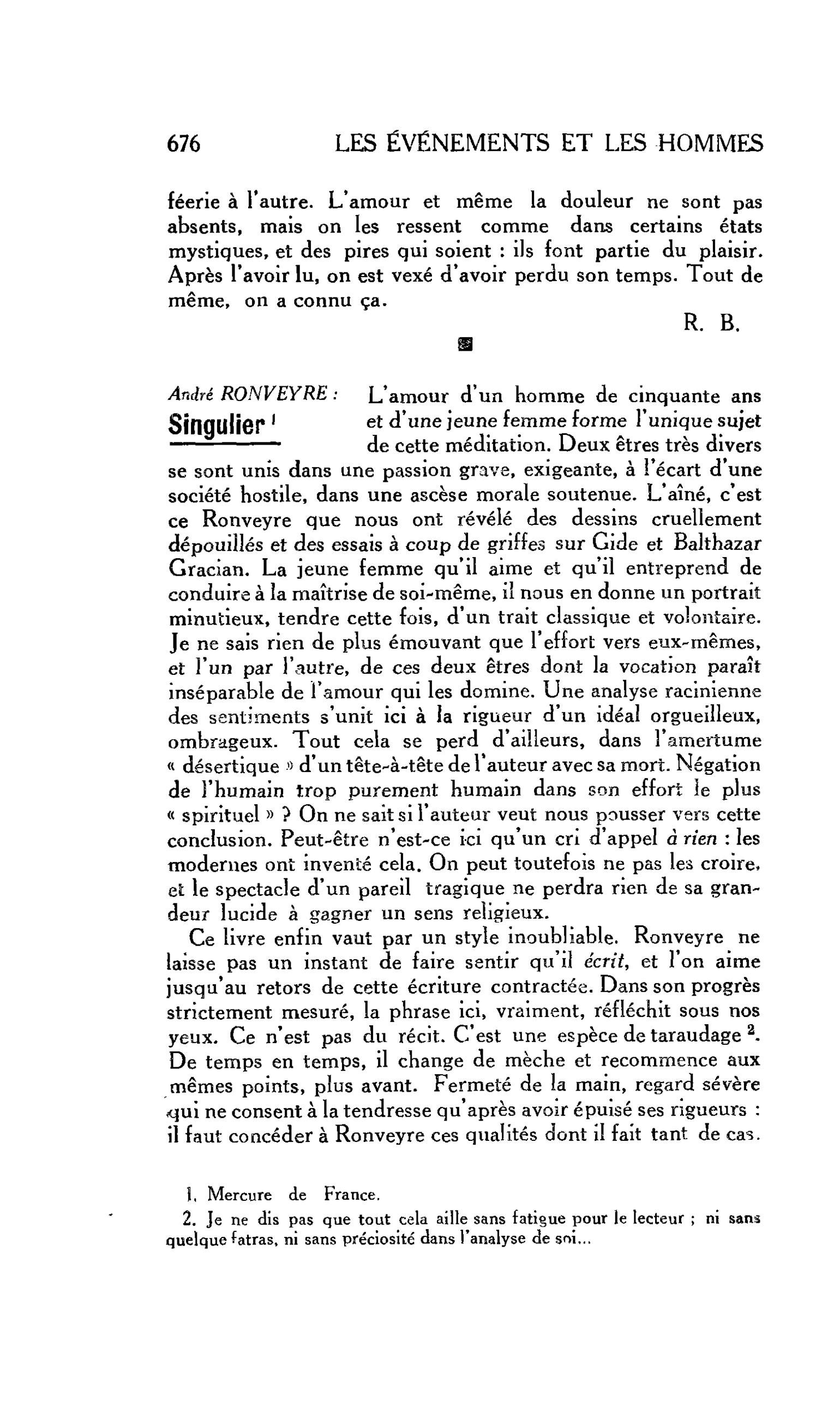 LES LETTRES : André RONVEYRE : Singulier ’